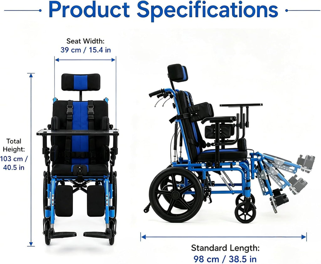 Full Reclining Pediatric Wheelchair – Heavy Duty Folding Kids Wheelchair with Headrest, Meal Tray & Elevating Footrest, Medical Mobility Chair for Home, Travel & Rehabilitation (Blue)