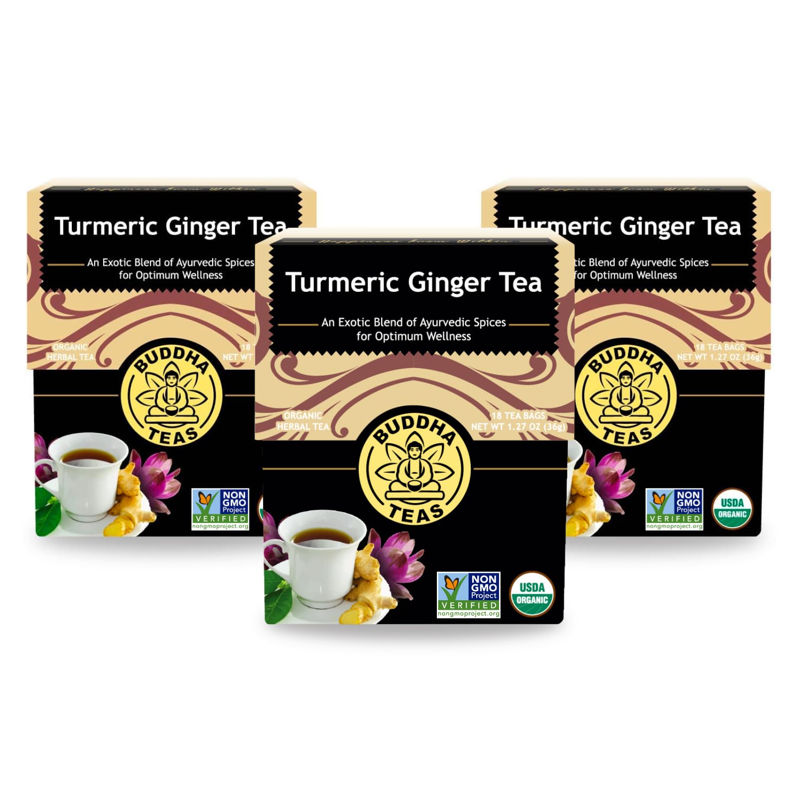 Buddha Teas - Organic Turmeric Ginger Tea - Herbal Tea - Earthy, Mildly Spicy Taste & Sweet Undertones - Enjoy Hot or Cold - Caffeine Free - 100% Kosher & Non-GMO - 18 Tea Bags (Pack of 1)