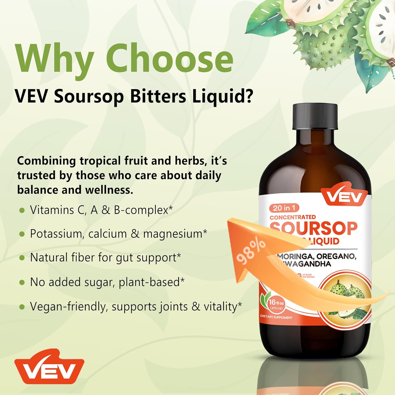 VEV Soursop Bitters Liquid, Graviola Extract Sugar-Free Formula, 20 IN 1, with Black Seed, Moringa & Oregano, Digestive Health & Immune Function, Stress Relief, Sleep Support, Vegan -16 oz