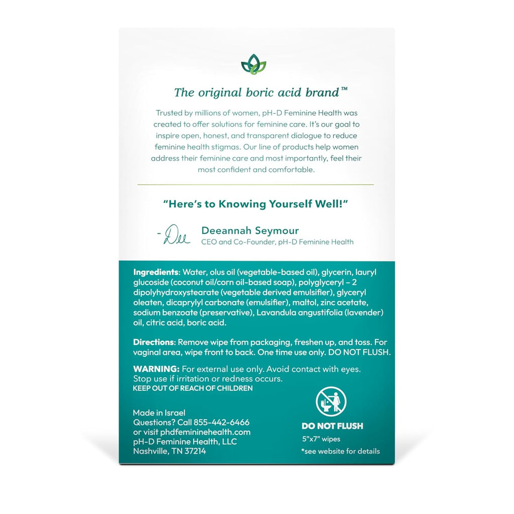 pH-D Feminine Health Support - Boric Acid Wipes - Holistic Body Wipes - Travel Friendly, pH-Balanced, Paraben-Free, and Made with Essential Oils - Sensitive - 20 count