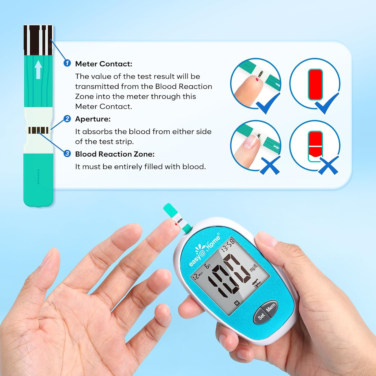 Easy@Home Wireless Glucose Monitor Kit - Blood Sugar Testing Kit with Free App GlucoseEase Includes 100 Glucometer Strips and 100 Blood Lancets, Large Display Diabetes Testing Kit
