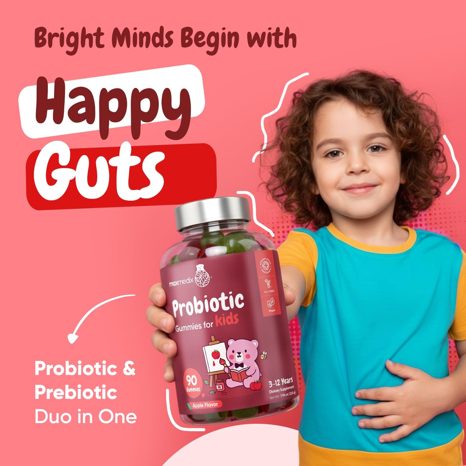 maxmedix Kids Probiotics Gummies | Prebiotic + Probiotics for Kids - 1 Billion CFU & Inulin (45-Day Supply) | 90 Children Synbiotic Gummies | Natural Apple Flavor | Vegan, Non-GMO