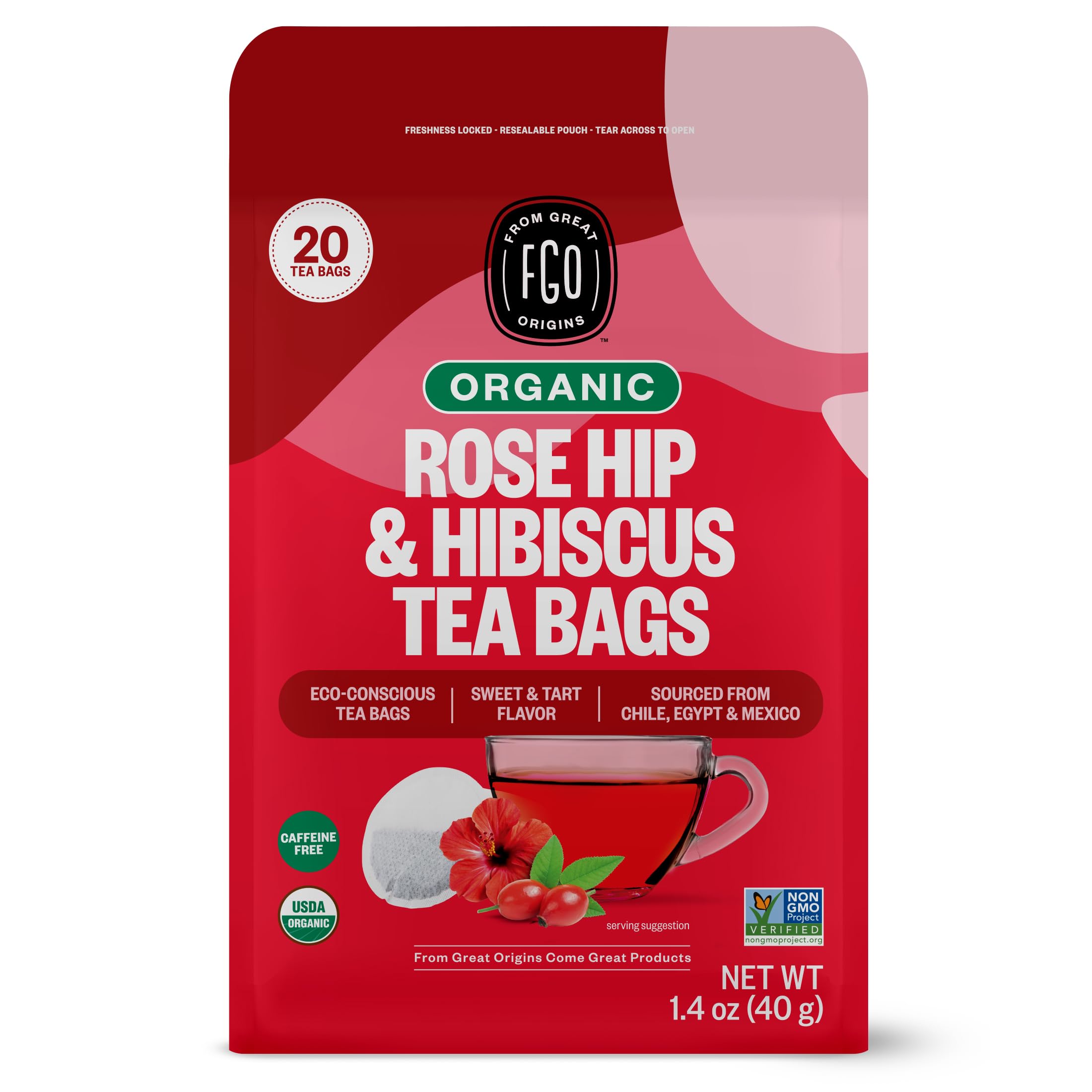 FGO Organic Hibiscus Tea, 100 Count, Eco-Conscious Tea Bags, Caffeine Free, Packaging May Vary (Pack of 1)