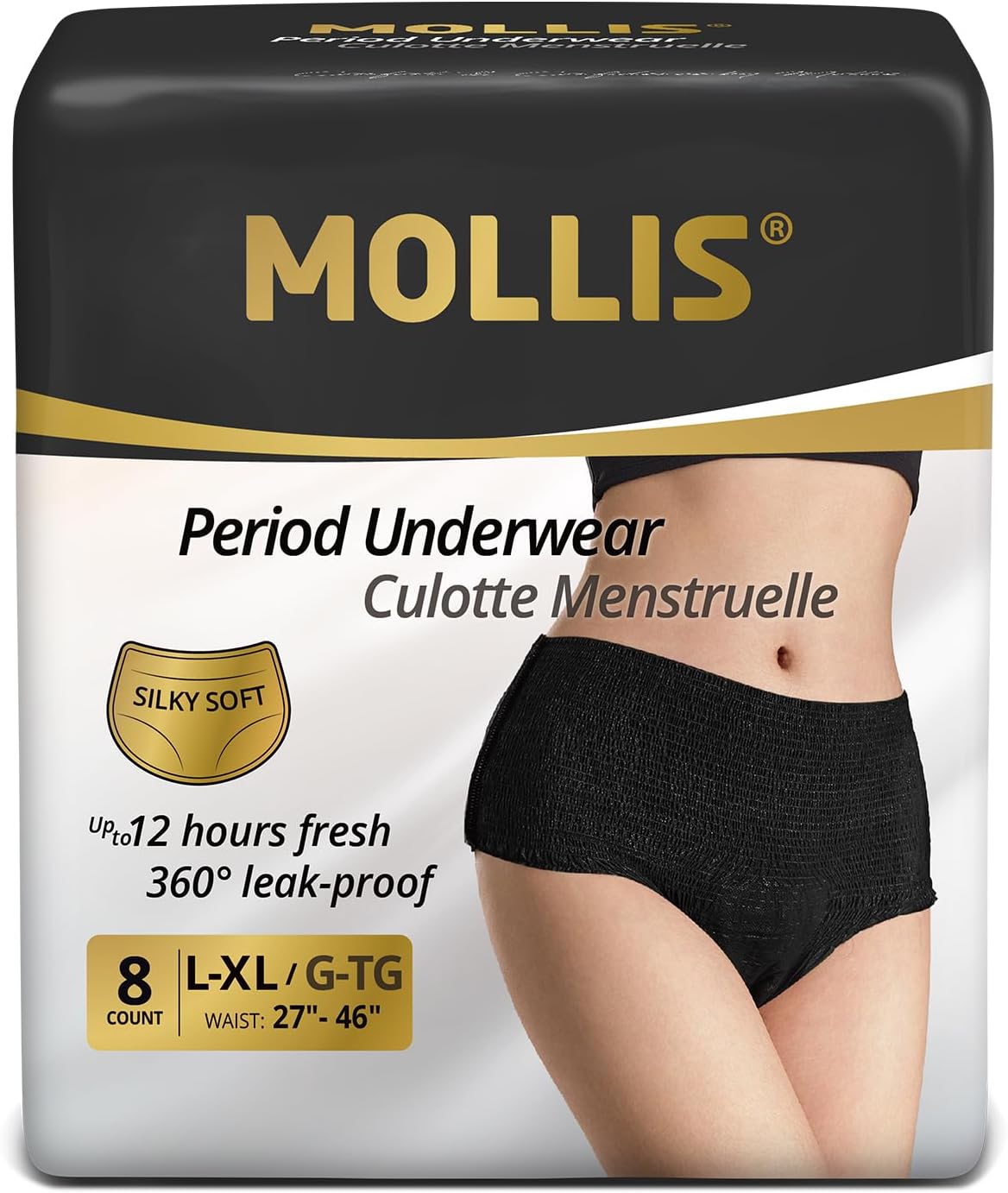 MOLLIS Disposable Period Underwear for Women, Postpartum Panties, Maternity Knickers Heavy Flow Leak Proof, Black, Large/X-Large, 8 Count