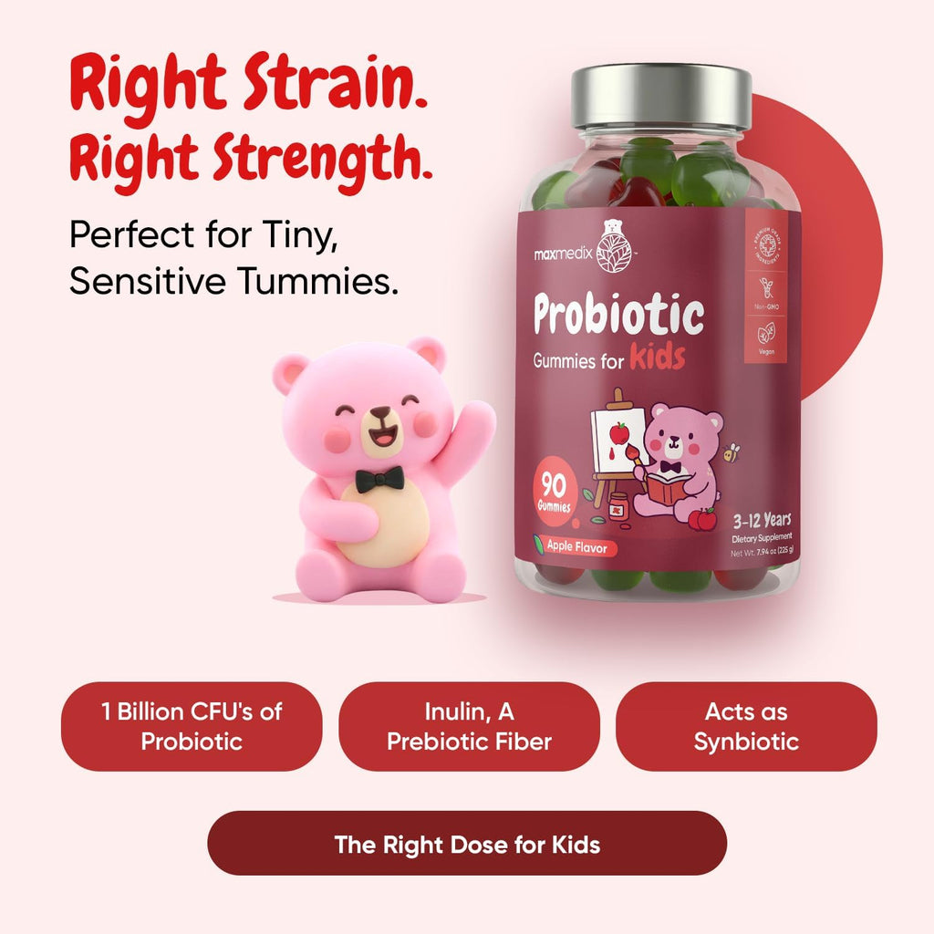 maxmedix Kids Probiotics Gummies | Prebiotic + Probiotics for Kids - 1 Billion CFU & Inulin (45-Day Supply) | 90 Children Synbiotic Gummies | Natural Apple Flavor | Vegan, Non-GMO