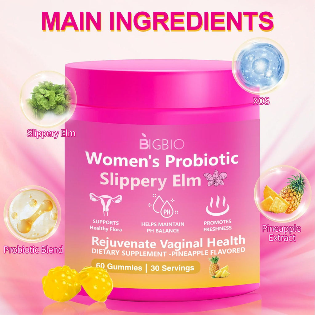 Feminine Probiotics Gummies, Slippery Elm for Women, Vaginal Health Supplement for pH Balance, Odor Control, Yeast Balance, Flora Immune Support, Suagr-Free, Veagn, Pineapple Flavor, 60 Count