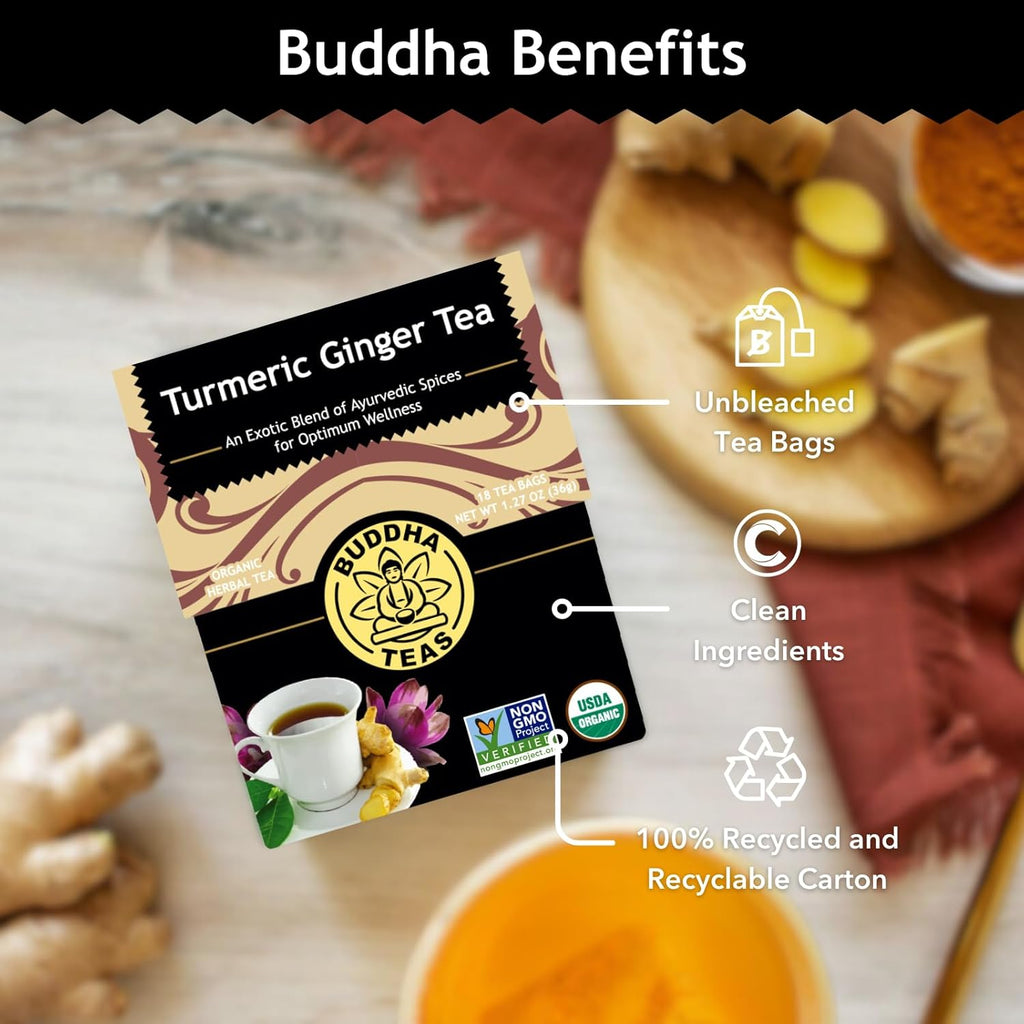 Buddha Teas - Organic Turmeric Ginger Tea - Herbal Tea - Earthy, Mildly Spicy Taste & Sweet Undertones - Enjoy Hot or Cold - Caffeine Free - 100% Kosher & Non-GMO - 18 Tea Bags (Pack of 1)