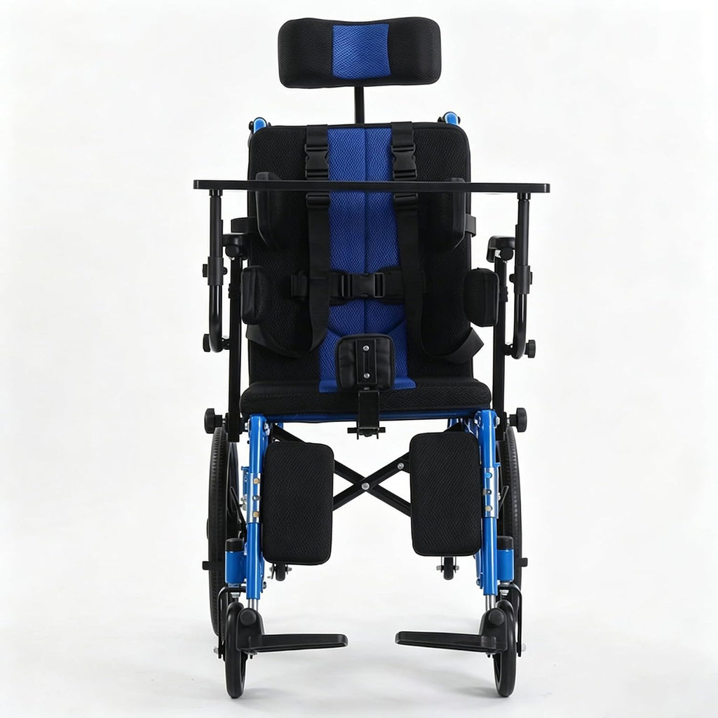 Full Reclining Pediatric Wheelchair – Heavy Duty Folding Kids Wheelchair with Headrest, Meal Tray & Elevating Footrest, Medical Mobility Chair for Home, Travel & Rehabilitation (Blue)