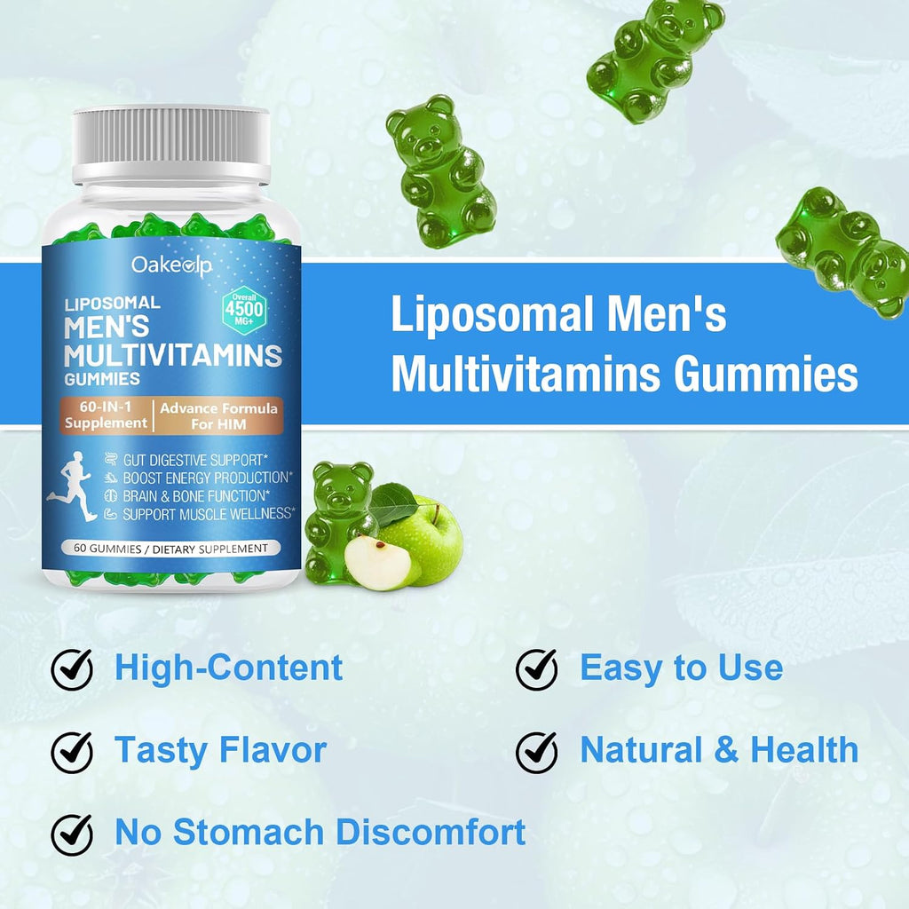 2 Pack 60-IN-1 Liposomal Methylated Multivitamin Gummy for Men Overall 4500MG+,Vitamin A C D3 K E B Complex ,Probiotics,Omega 3,CoQ10,Zinc,120+ Nutrients,for Immune,Heart and Digestive Wellness