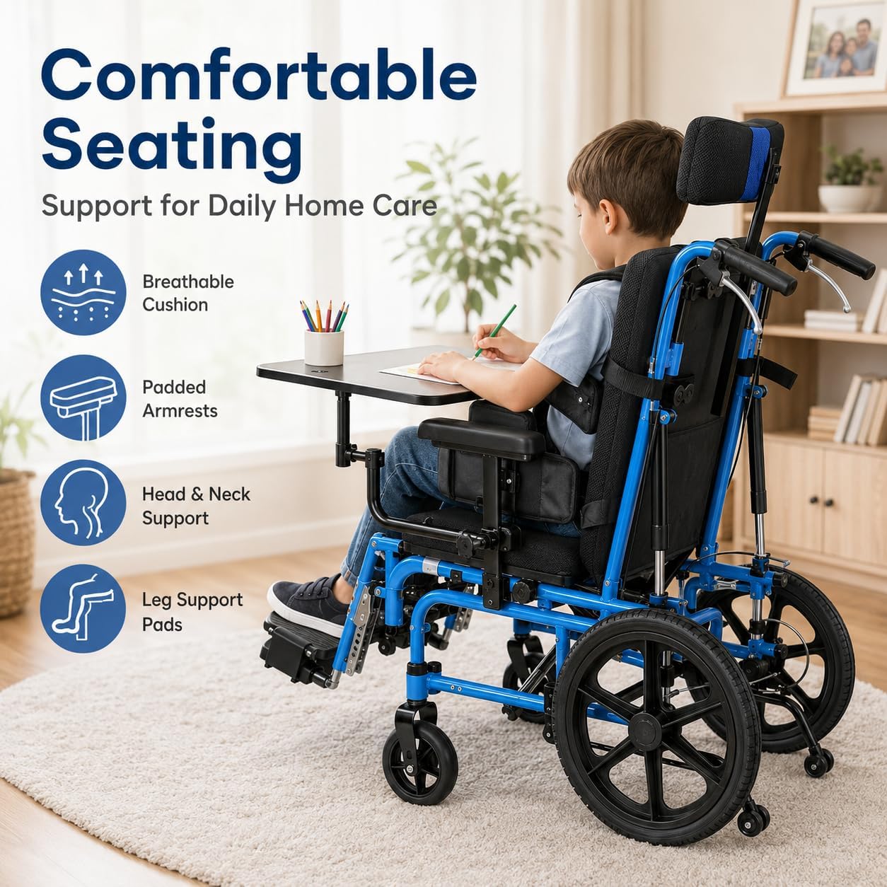 Full Reclining Pediatric Wheelchair – Heavy Duty Folding Kids Wheelchair with Headrest, Meal Tray & Elevating Footrest, Medical Mobility Chair for Home, Travel & Rehabilitation (Blue)