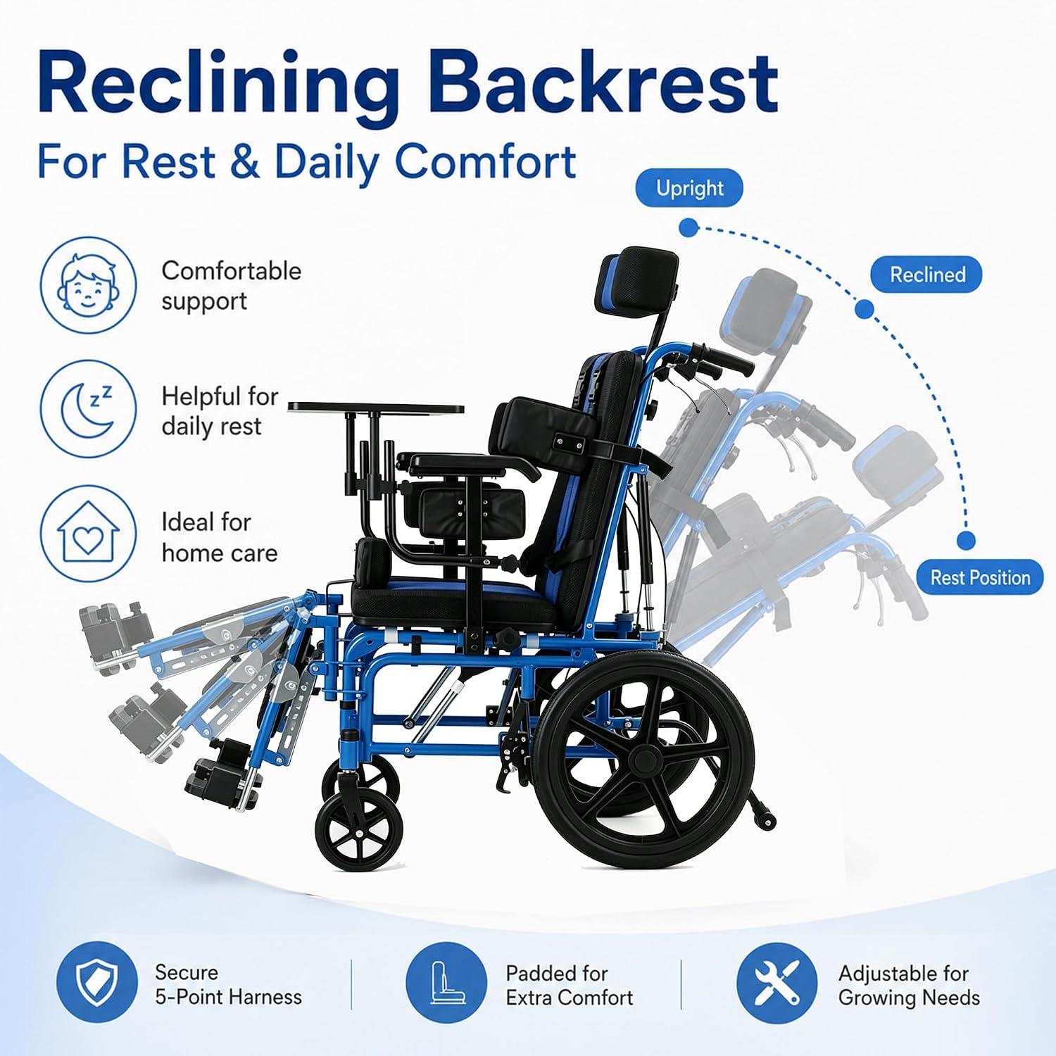 Full Reclining Pediatric Wheelchair – Heavy Duty Folding Kids Wheelchair with Headrest, Meal Tray & Elevating Footrest, Medical Mobility Chair for Home, Travel & Rehabilitation (Blue)