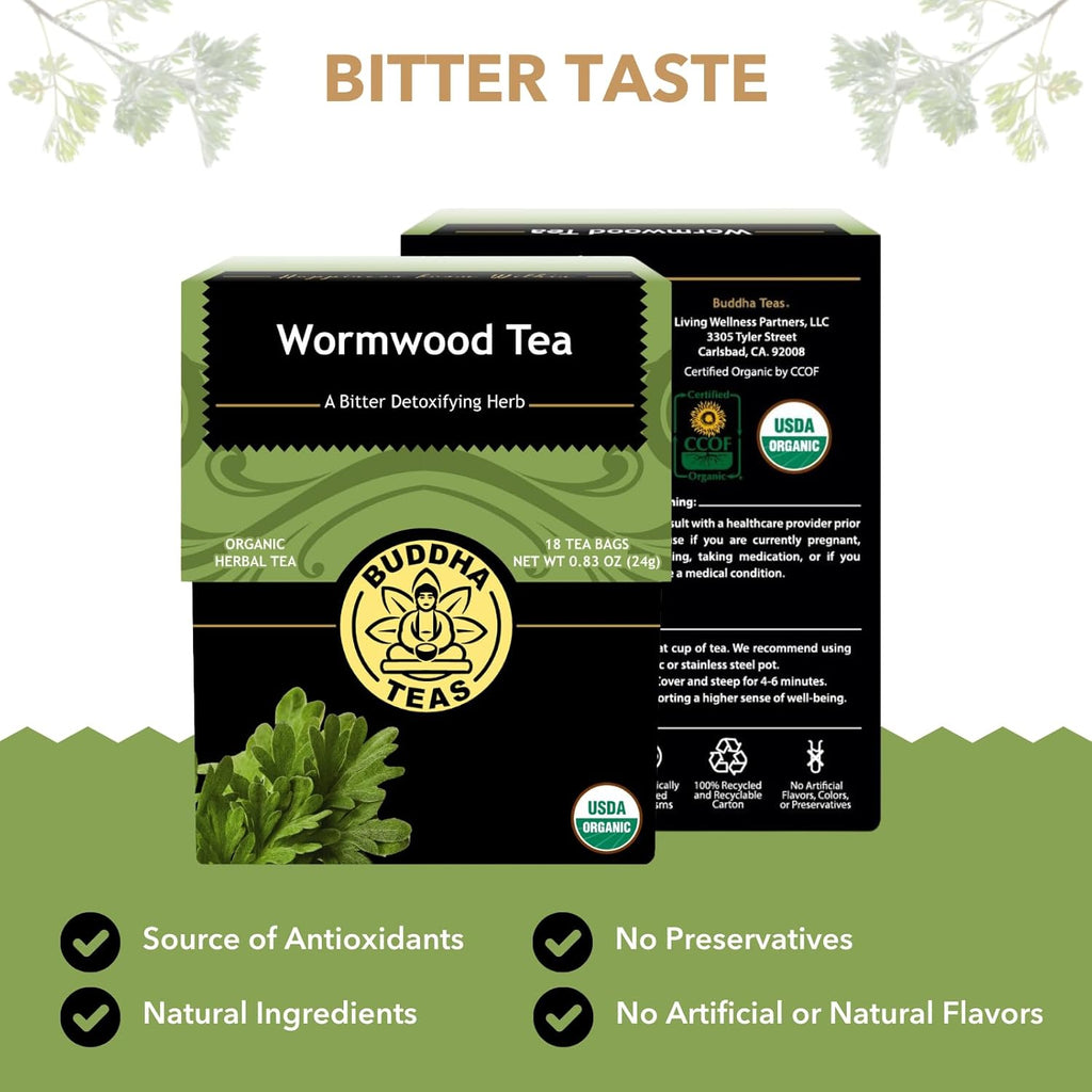 Buddha Teas - Organic Wormwood Tea - Herbal Tea - For Health & Wellbeing - With Antioxidants & Minerals - Clean Ingredients - Caffeine Free - OU Kosher & Non-GMO - 18 Tea Bags (Pack of 1)