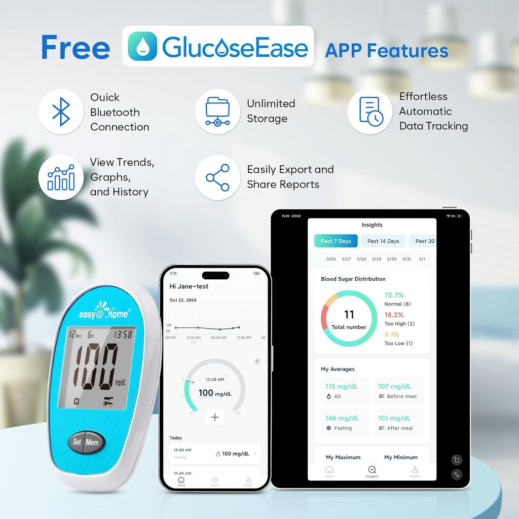 Easy@Home Wireless Glucose Monitor Kit - Blood Sugar Testing Kit with Free App GlucoseEase Includes 100 Glucometer Strips and 100 Blood Lancets, Large Display Diabetes Testing Kit