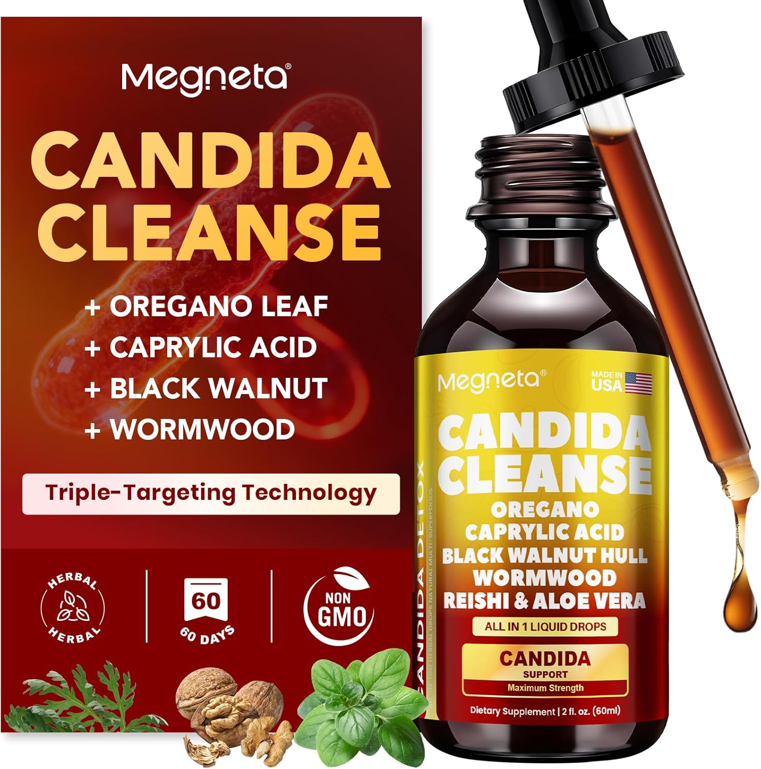 Candida Cleanse Detox with Triple-Targeting Technology, All-in-1 Synergy Formula with Caprylic Acid, Oregano, Black Walnut & Wormwood – Yeast Detox, Gut Health, Digestive & Immune Health (2 Fl Oz)
