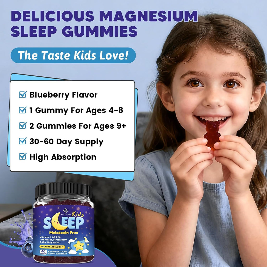 Kids Sleep Gummies - with Magnesium Glycinate, Lemon Balm, L-Theanine & GABA - Calming Relaxation, Support Natural Sleep, Quiet Mind - Berry Flavor, Non-Habit Forming
