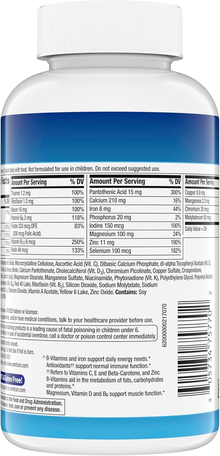 Centrum Multivitamin for Men, Multivitamin/Multimineral Supplement with Vitamin D3, B Vitamins and Antioxidants, Gluten Free, Non-GMO Ingredients -Tablet 200 Count