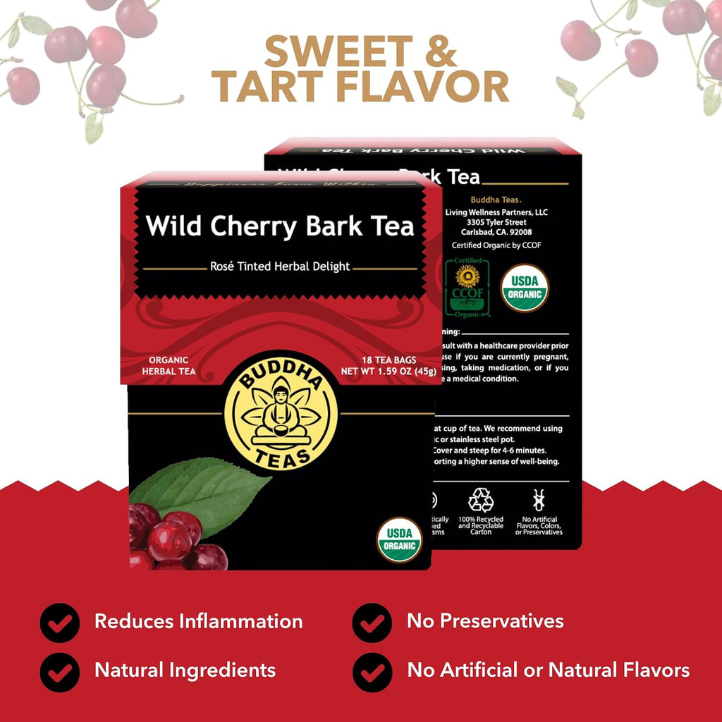 Buddha Teas - Organic Wild Cherry Bark Tea - Herbal Tea - For Health & Wellbeing - Supports Respiratory & Digestive Health - Clean Ingredients - Caffeine Free - OU Kosher - 18 Tea Bags (Pack of 1)