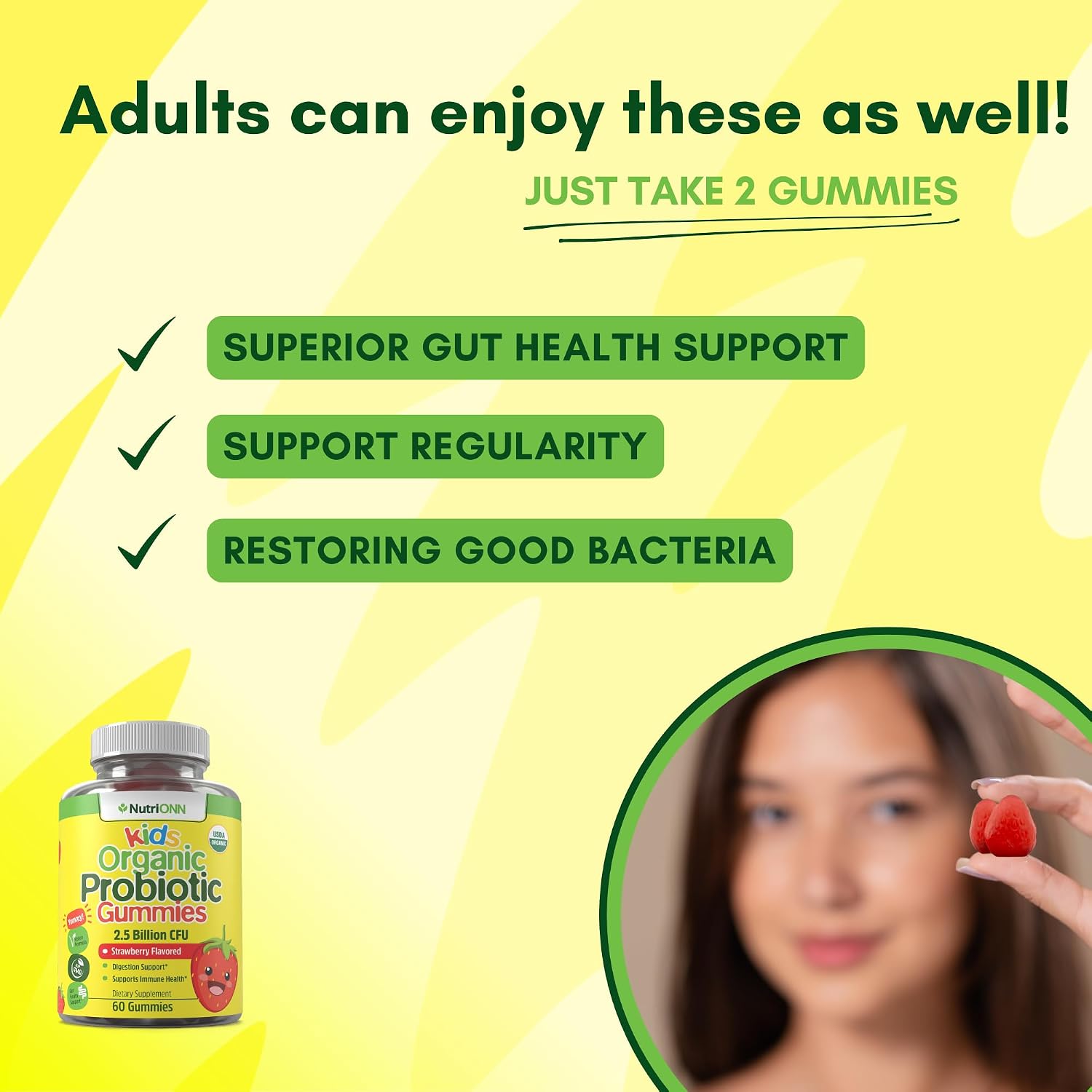 NutriONN Organic Kids Probiotic Gummies - USDA Organic Chewable Probiotics for Kids - 60 Delicious Gummies - Child Digestive, Immune Support & Gut Health Supplement - Vegan & Non-GMO