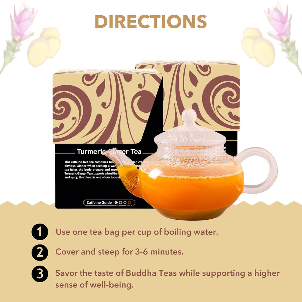 Buddha Teas - Organic Turmeric Ginger Tea - Herbal Tea - Earthy, Mildly Spicy Taste & Sweet Undertones - Enjoy Hot or Cold - Caffeine Free - 100% Kosher & Non-GMO - 18 Tea Bags (Pack of 1)