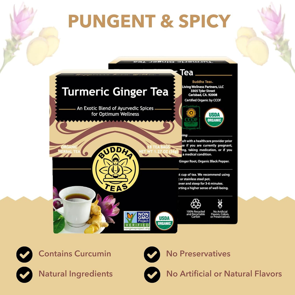 Buddha Teas - Organic Turmeric Ginger Tea - Herbal Tea - Earthy, Mildly Spicy Taste & Sweet Undertones - Enjoy Hot or Cold - Caffeine Free - 100% Kosher & Non-GMO - 18 Tea Bags (Pack of 1)