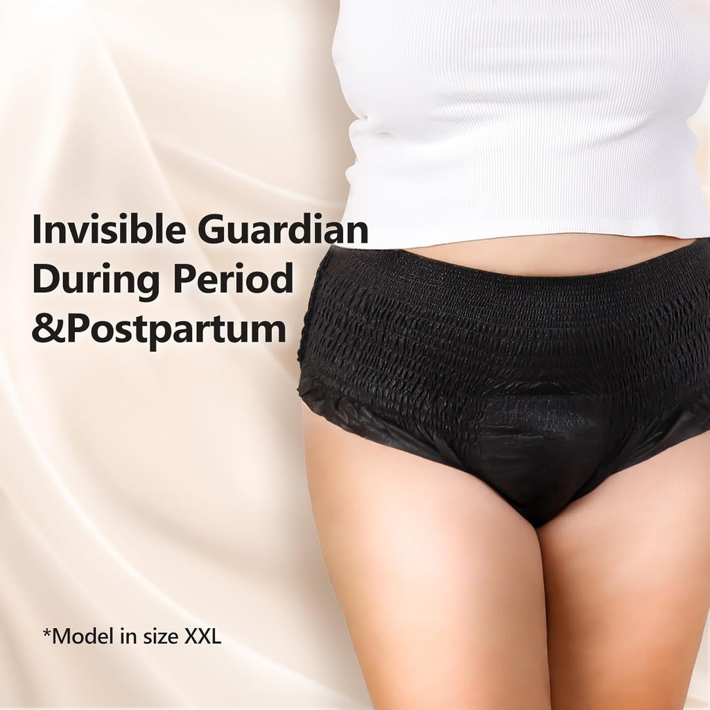 MOLLIS Disposable Period Underwear for Women, Postpartum Panties, Maternity Knickers Heavy Flow Leak Proof, Black, Large/X-Large, 8 Count