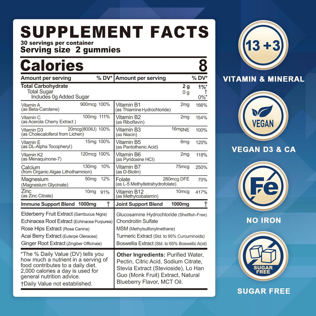 Methylated Multivitamin for Men/Women Gummies, Mens/Womens Multivitamin 50 Plus, with Glucosamine Chondroitin MSM Echinacea Sugar Free Chewable Multi Vitamins B D3 K2 A C E for Adults Seniors, 120 Cts