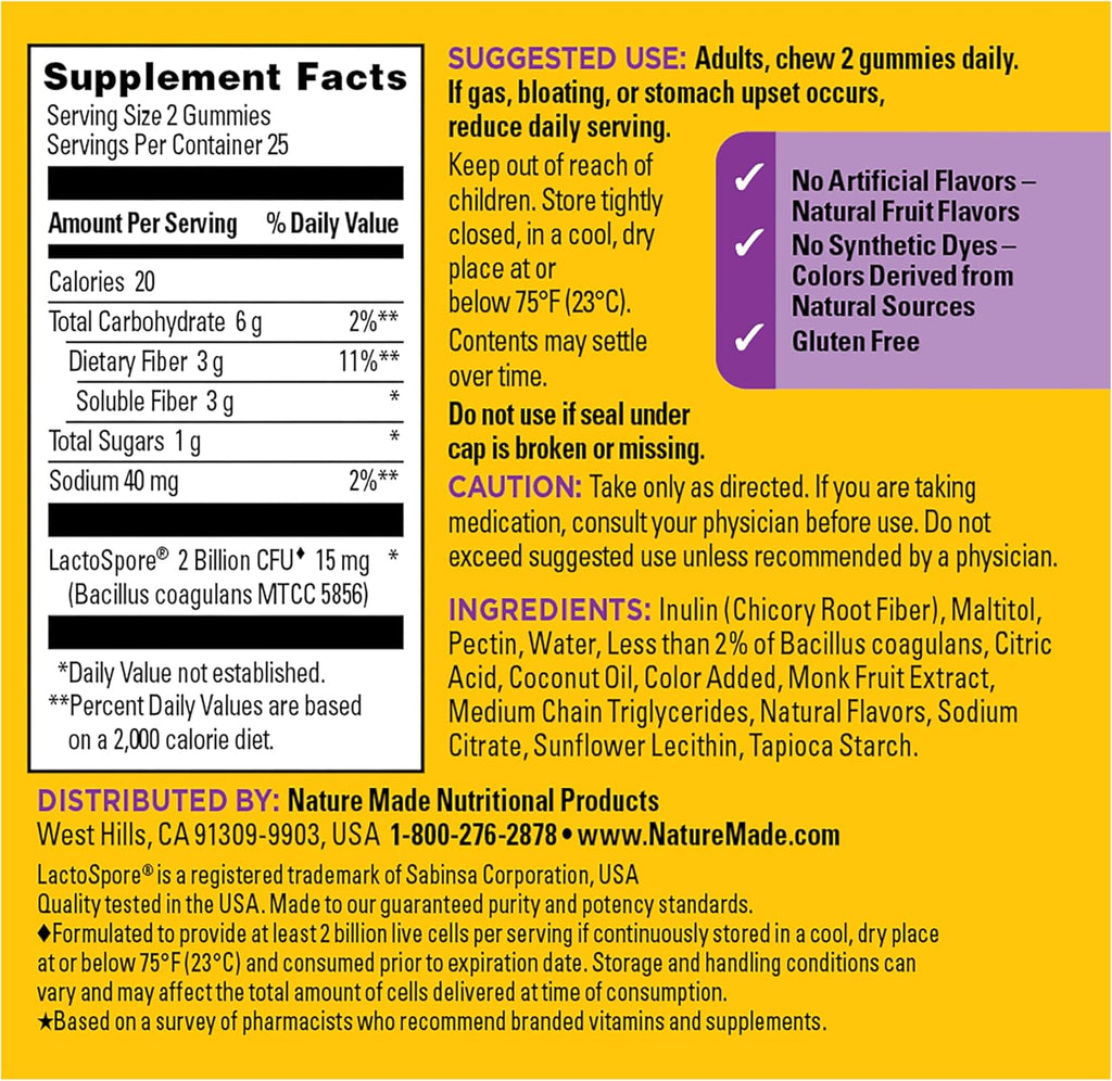 Nature Made Probiotic + Prebiotic Fiber Gummies for Daily Gut Health, Fiber Supplement, 50 Gummies