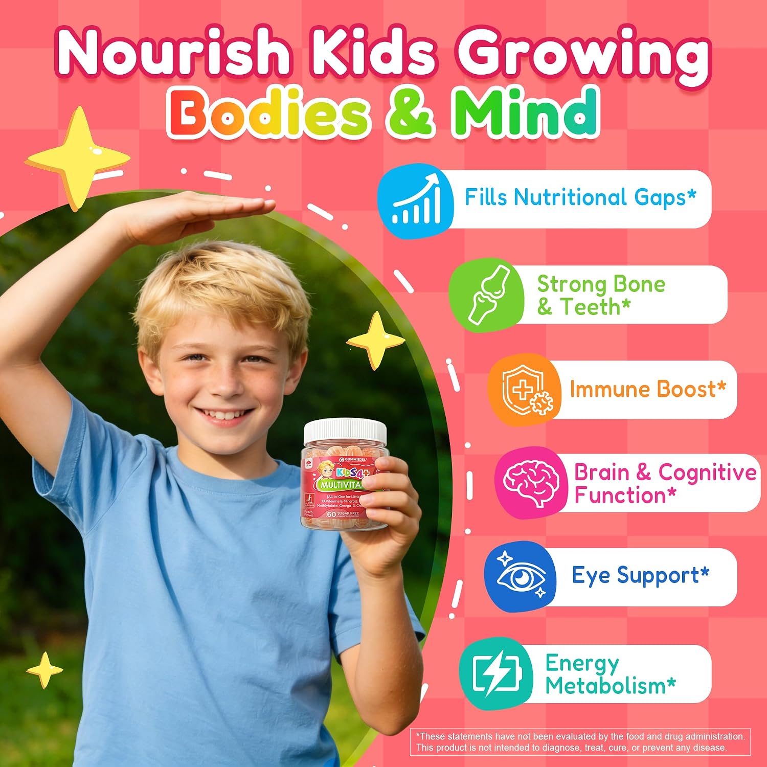 Kids Multivitamin Gummies + Omega 3(DHA/EPA), Methylated Multivitamin for Kids + Iron, Choline, Probiotic, Vitamins A C D3 K2 E, Methylfolate, B6, B12 for Growth, Immune, Bone, Brain, No Sugar, 60 Cts