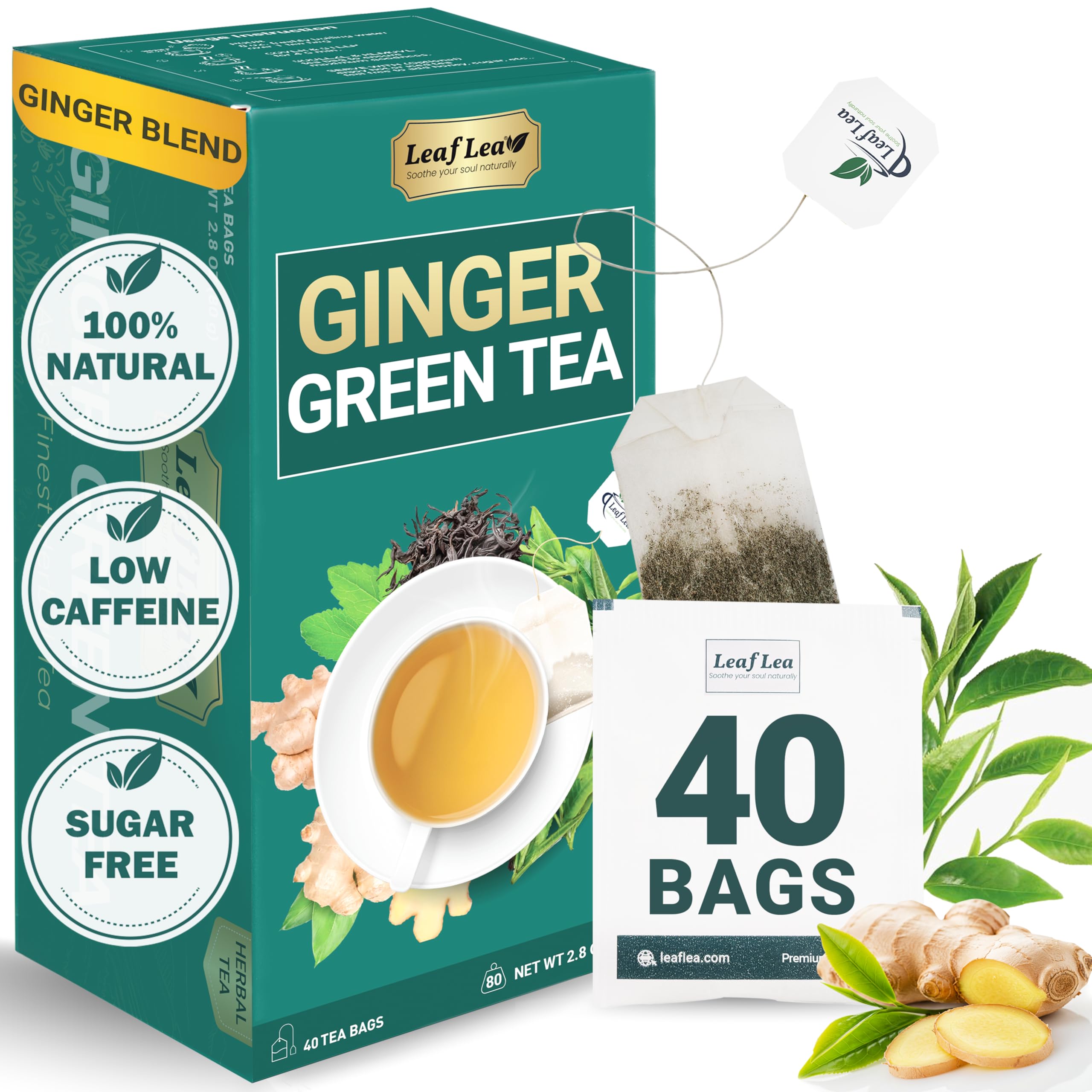 LeafLea 40 Turmeric Ginger Cinnamon Tea Bags, 100% Natural Ingredients Herbal Tea, Turmeric Ginger Herbal Blend for Wellness, Vegan, No Sugar, Caffeine-Free, Individually Wrapped for Freshness