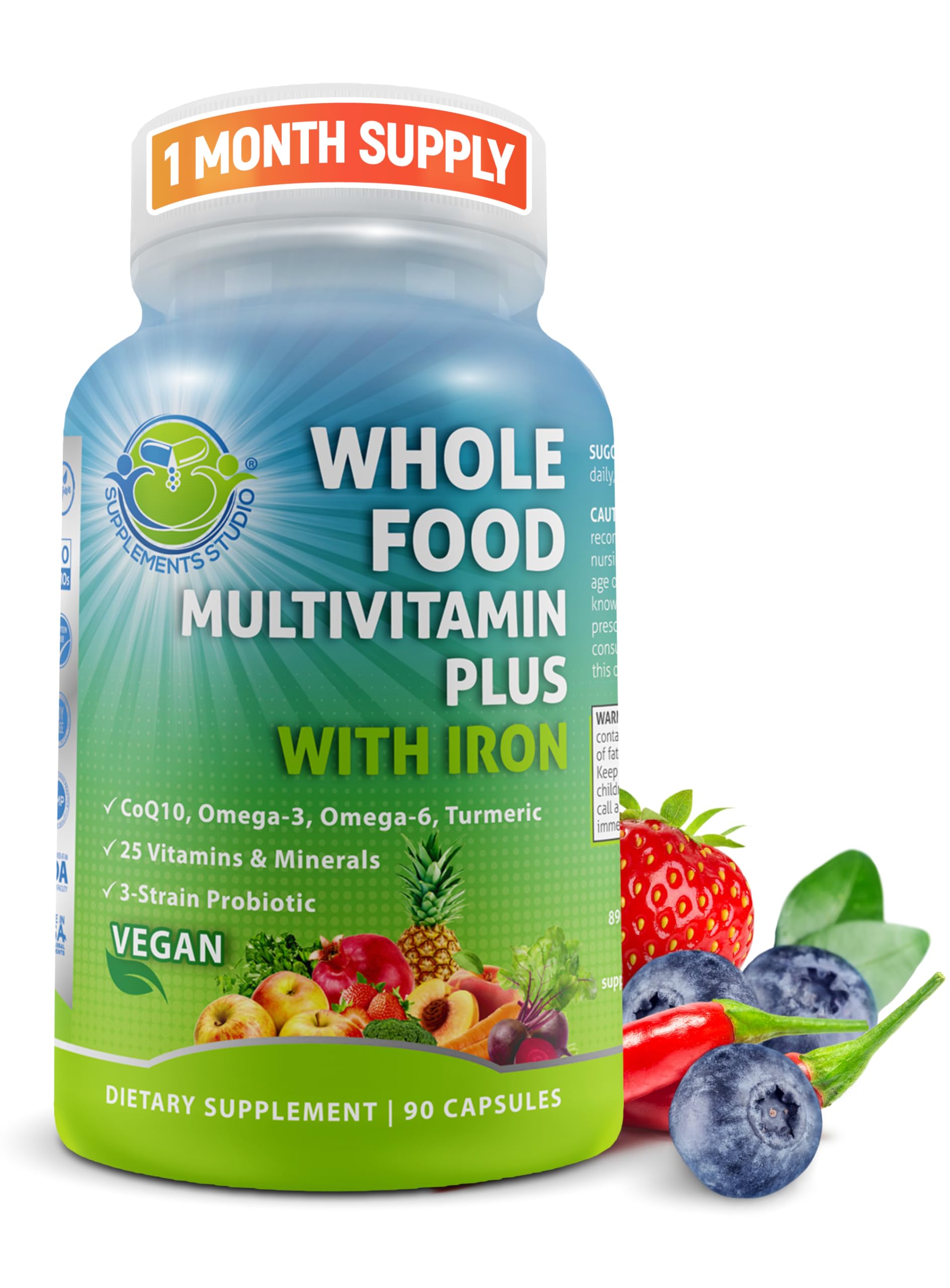 Women's Daily Multivitamin with Iron - Vegan Methylated Multivitamin for Women with Biotin, Organic Superfoods, Probiotics, B-Complex - Energy, Gut & Optimal Health Support – Easy to Swallow Capsules