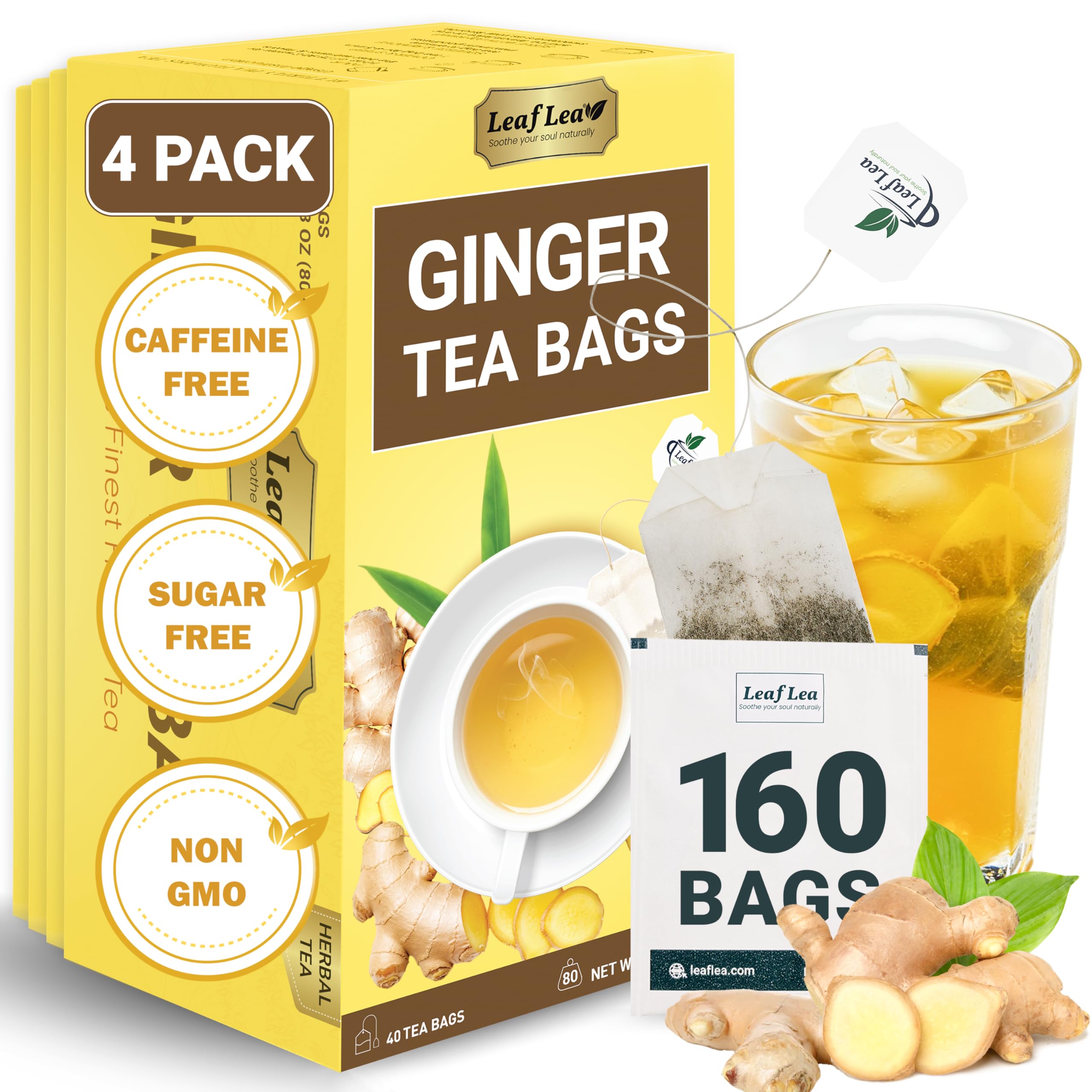 LeafLea 40 Turmeric Ginger Cinnamon Tea Bags, 100% Natural Ingredients Herbal Tea, Turmeric Ginger Herbal Blend for Wellness, Vegan, No Sugar, Caffeine-Free, Individually Wrapped for Freshness
