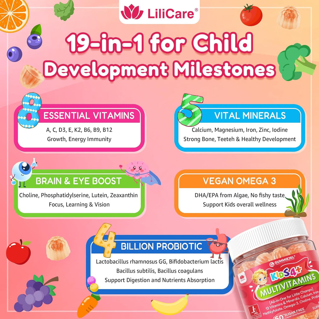 Kids Multivitamin Gummies + Omega 3(DHA/EPA), Methylated Multivitamin for Kids + Iron, Choline, Probiotic, Vitamins A C D3 K2 E, Methylfolate, B6, B12 for Growth, Immune, Bone, Brain, No Sugar, 60 Cts