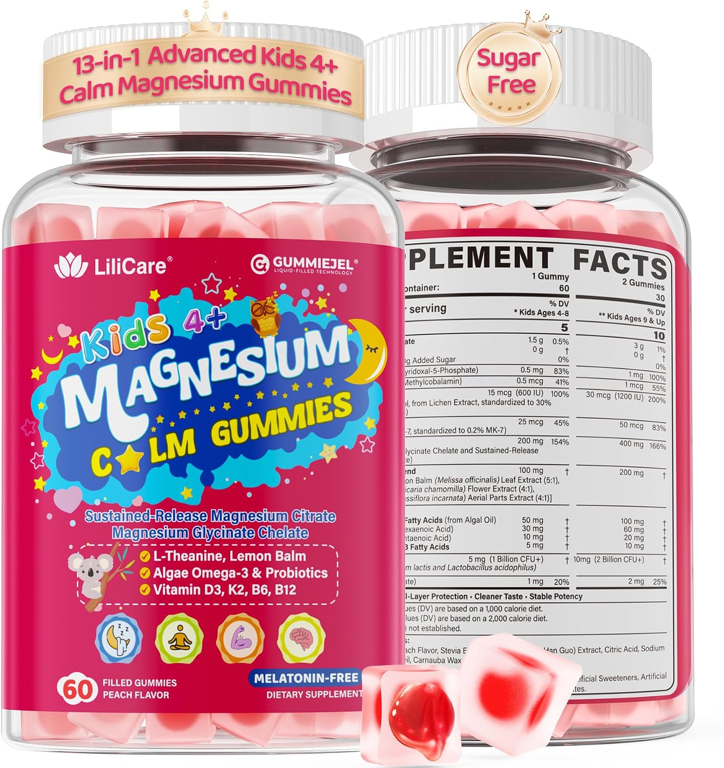 Kids Calm Magnesium Glycinate Gummies, Natural Kids Calming Supplement w/Magnesium Citrate, L-Theanine & Chamomile, Omega-3, D3 B12, Support Calm Mind, Sl-eep, Focus, Muscle Relax, Sugar-Free, 60 Cts