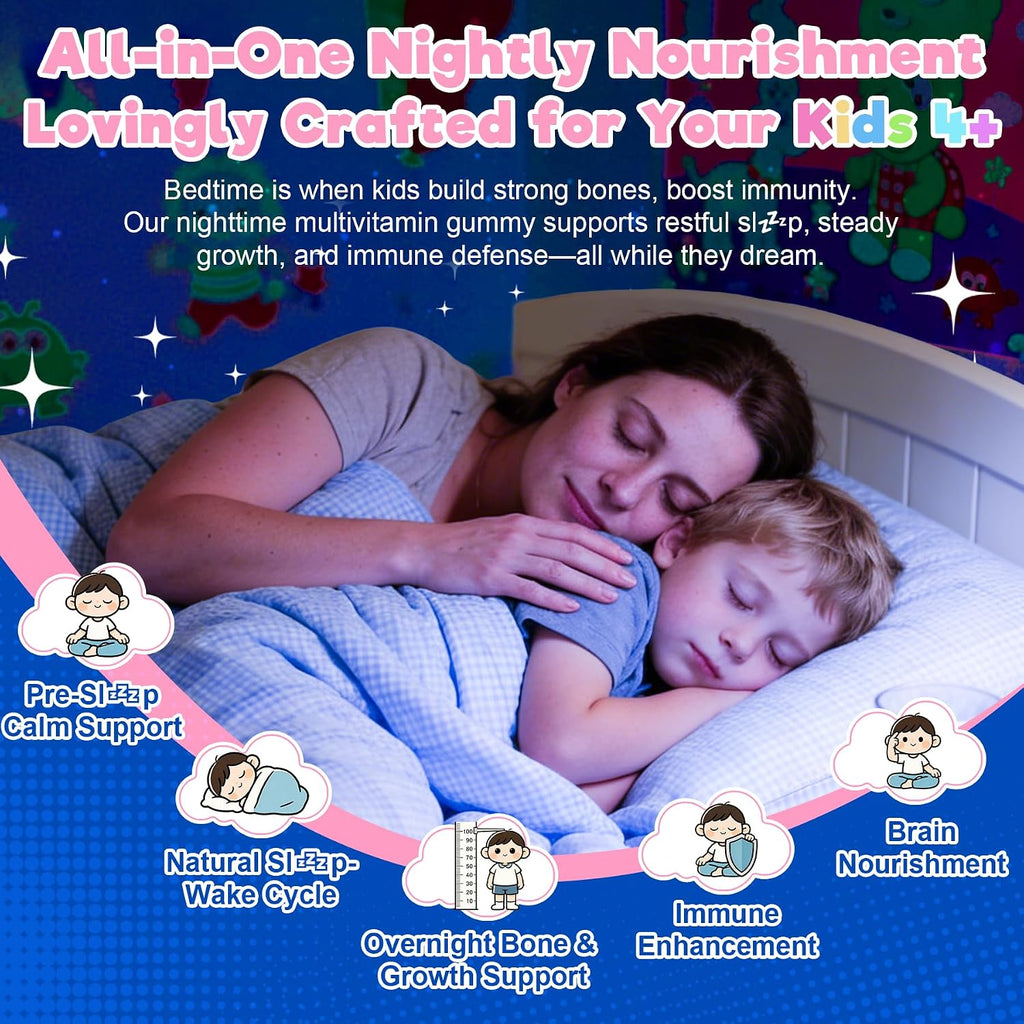 Kids 4+ Melatonin Free Sleep Aid Gummies + Magnesium Glycinate + Saffron + Calcium, D3+K2, Inositol-Kids Sleep Gummies Nighttime Multivitamin Support Calm Mood, Brain, Bone & Immune, Sugar Free, 2Pack