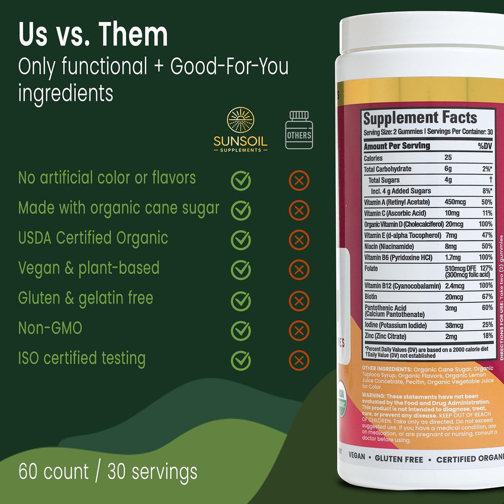 Sunsoil Women's Multivitamin Organic Gummies, USDA Certified Organic, No Glucose, Vegan, Gluten-Free, Plant-Based