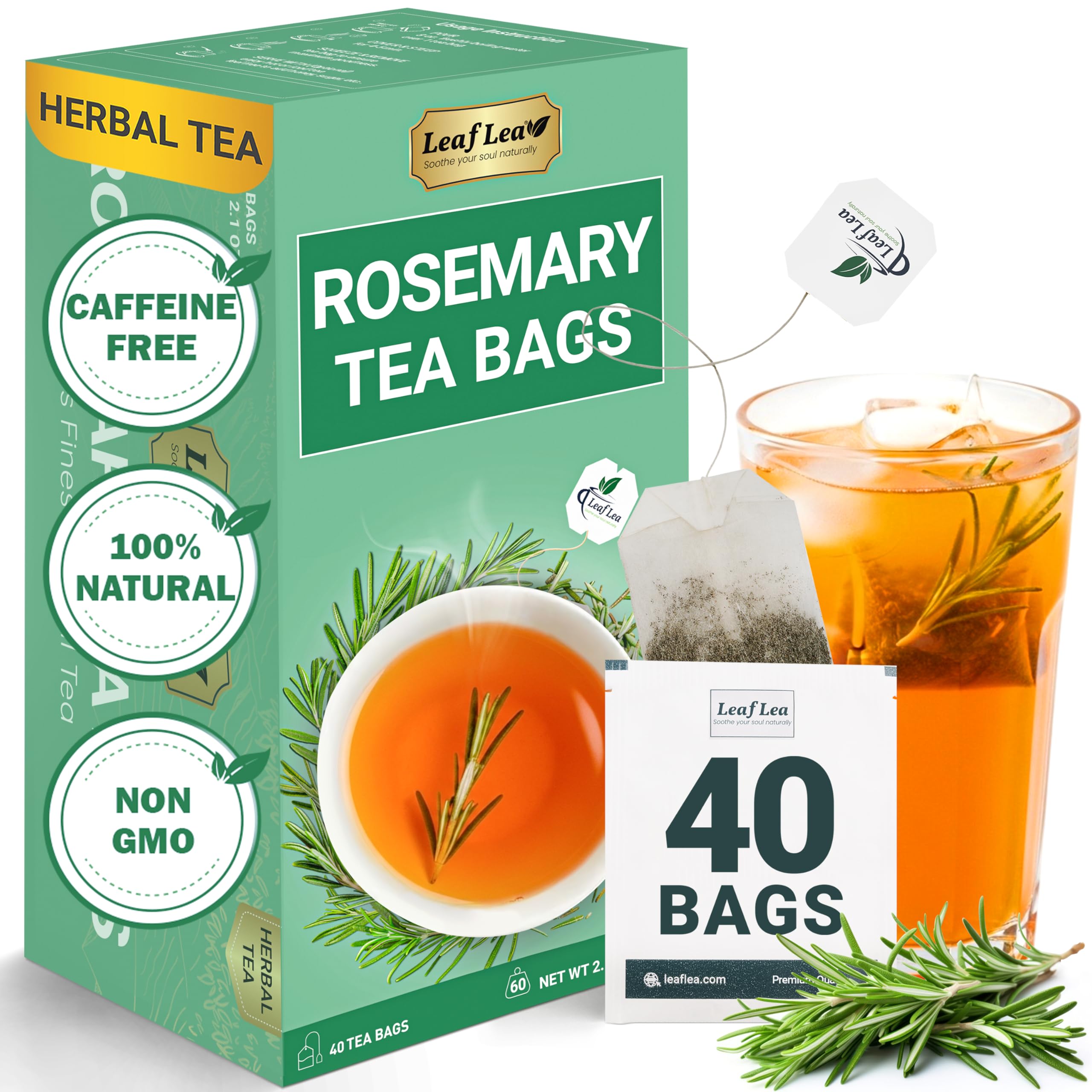 LeafLea 40 Turmeric Ginger Cinnamon Tea Bags, 100% Natural Ingredients Herbal Tea, Turmeric Ginger Herbal Blend for Wellness, Vegan, No Sugar, Caffeine-Free, Individually Wrapped for Freshness