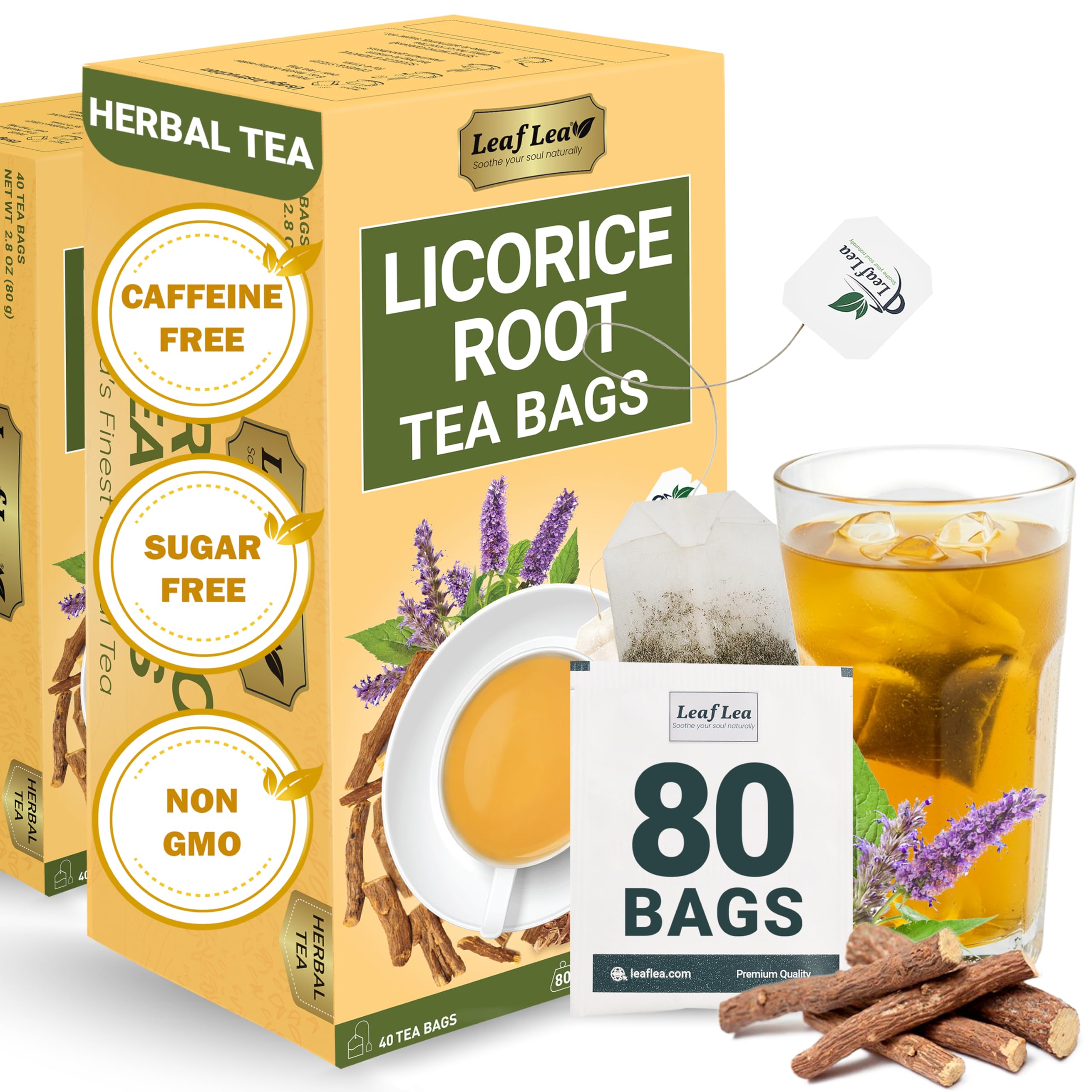 LeafLea 40 Turmeric Ginger Cinnamon Tea Bags, 100% Natural Ingredients Herbal Tea, Turmeric Ginger Herbal Blend for Wellness, Vegan, No Sugar, Caffeine-Free, Individually Wrapped for Freshness