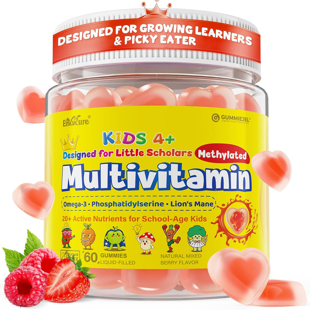 Kids Methylated Multivitamin Gummies with Omega 3 DHA/EPA, Methyl 12 & Folate, Lion's Mane Mushroom, Vitamin D3, C, Zinc, Magnesium, Picky Eater Vitamins Children 4+ for Brain, Focus, Sugar Free, 60Ct