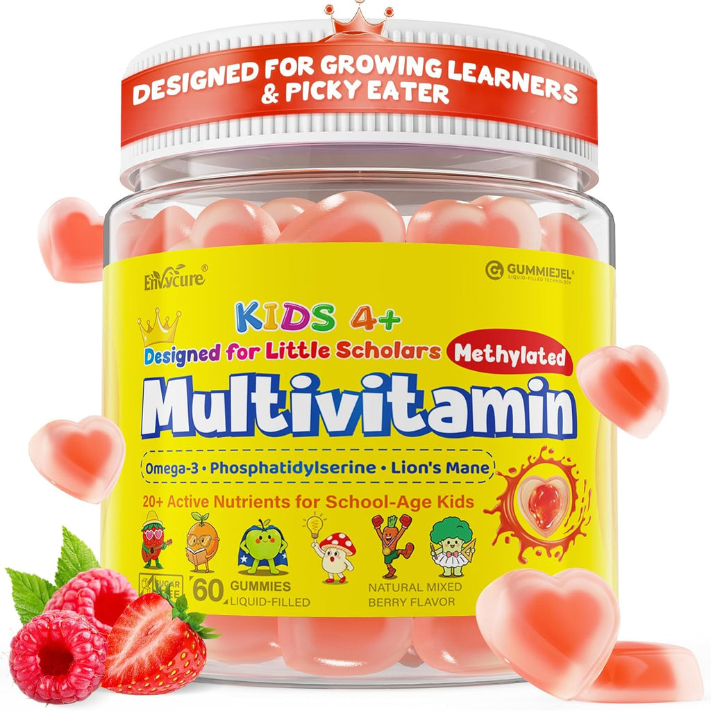 Kids Methylated Multivitamin Gummies with Omega 3 DHA/EPA, Methyl 12 & Folate, Lion's Mane Mushroom, Vitamin D3, C, Zinc, Magnesium, Picky Eater Vitamins Children 4+ for Brain, Focus, Sugar Free, 60Ct