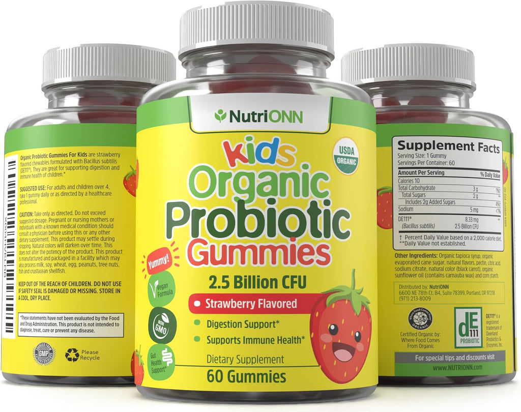 NutriONN Organic Kids Probiotic Gummies - USDA Organic Chewable Probiotics for Kids - 60 Delicious Gummies - Child Digestive, Immune Support & Gut Health Supplement - Vegan & Non-GMO