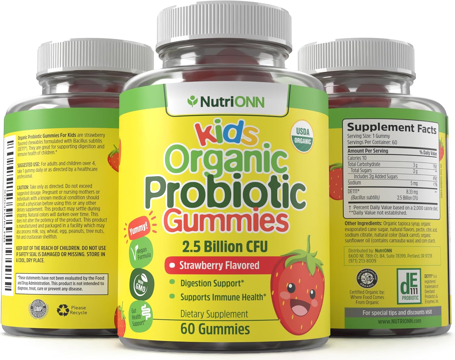 NutriONN Organic Kids Probiotic Gummies - USDA Organic Chewable Probiotics for Kids - 60 Delicious Gummies - Child Digestive, Immune Support & Gut Health Supplement - Vegan & Non-GMO