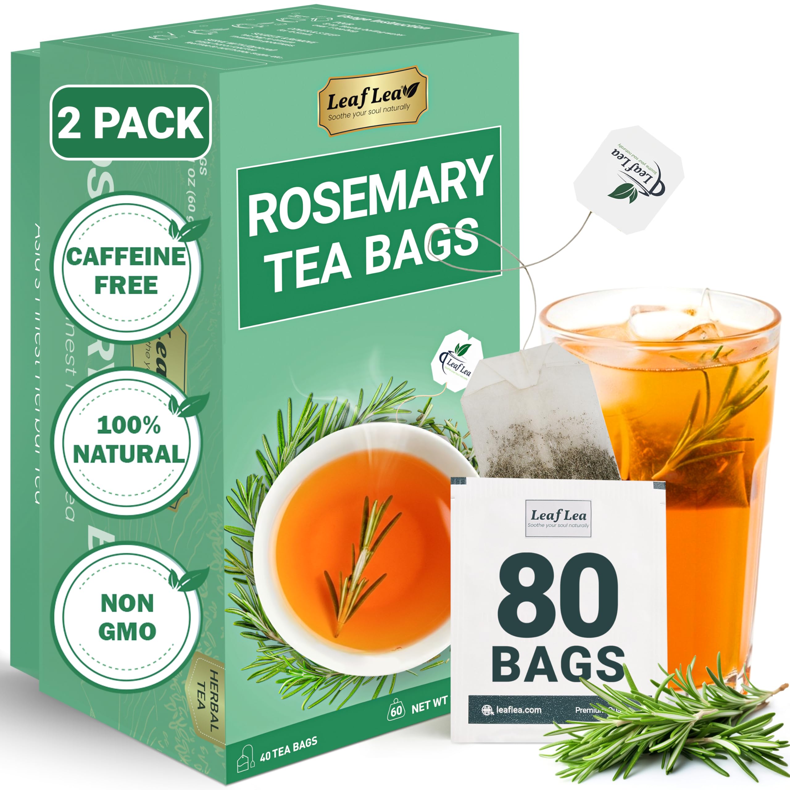 LeafLea 40 Turmeric Ginger Cinnamon Tea Bags, 100% Natural Ingredients Herbal Tea, Turmeric Ginger Herbal Blend for Wellness, Vegan, No Sugar, Caffeine-Free, Individually Wrapped for Freshness
