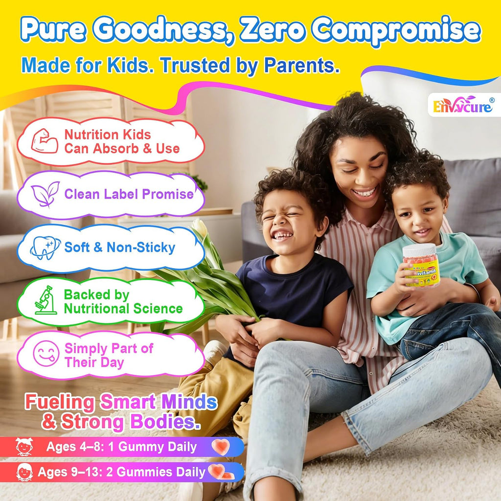 Kids Methylated Multivitamin Gummies with Omega 3 DHA/EPA, Methyl 12 & Folate, Lion's Mane Mushroom, Vitamin D3, C, Zinc, Magnesium, Picky Eater Vitamins Children 4+ for Brain, Focus, Sugar Free, 60Ct