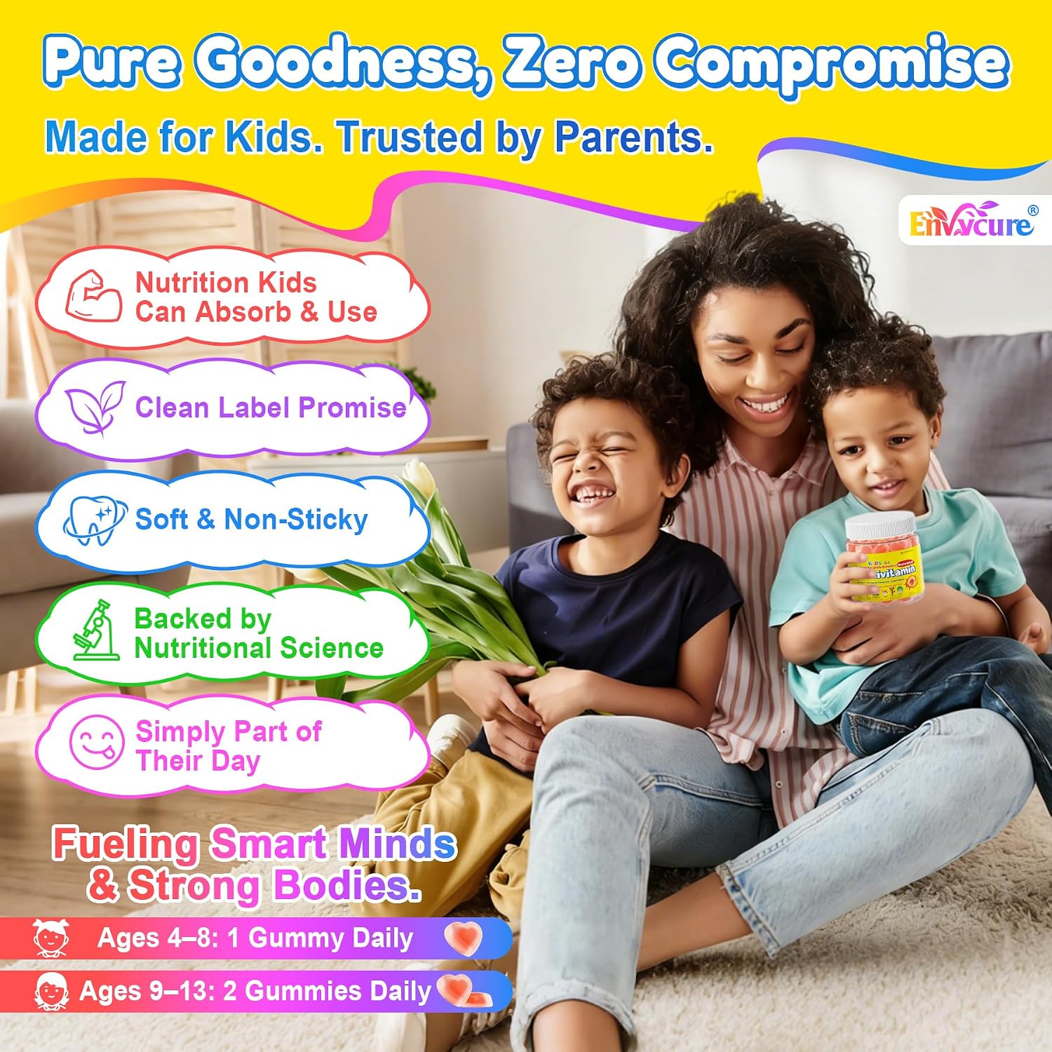 Kids Methylated Multivitamin Gummies with Omega 3 DHA/EPA, Methyl 12 & Folate, Lion's Mane Mushroom, Vitamin D3, C, Zinc, Magnesium, Picky Eater Vitamins Children 4+ for Brain, Focus, Sugar Free, 60Ct