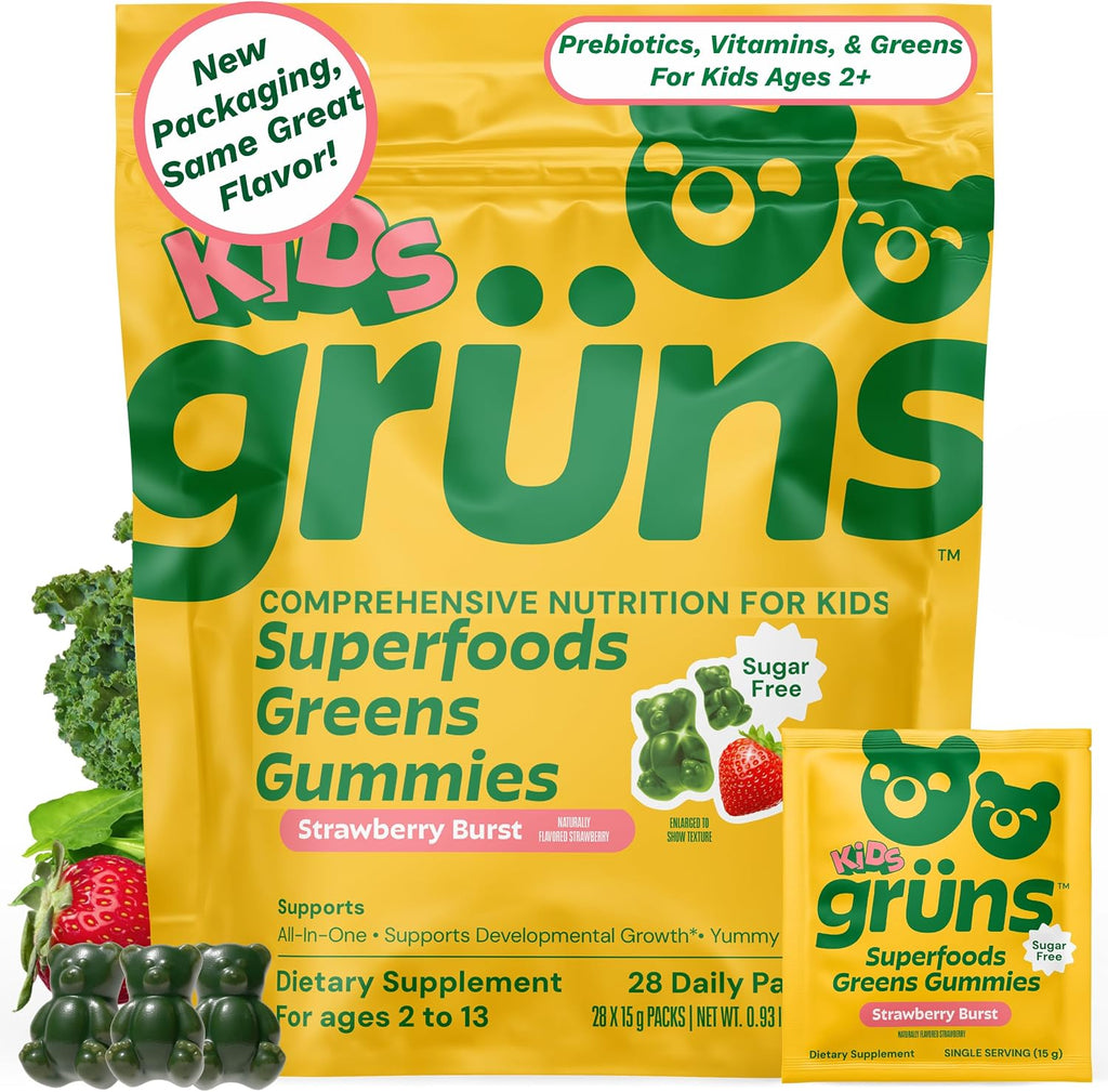 Gruns Multivitamin for Kids, Sugar-Free, Super Greens Superfood Gummy Bears with 20 Vitamins & Minerals, Alfalfa, Spirulina, Chlorella, Prebiotics Fiber for Digestive Health, Adaptogens, 28 ct