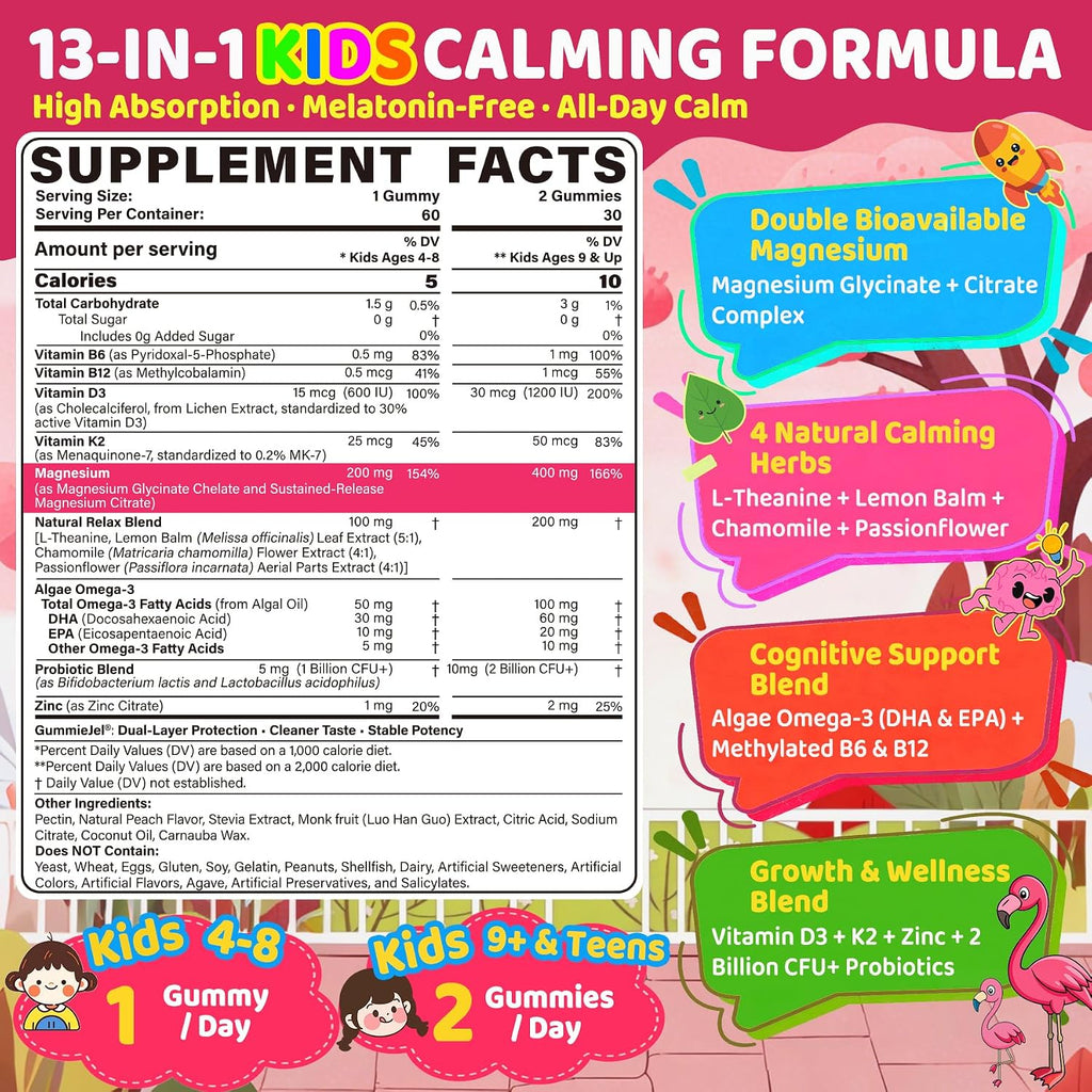 Kids Calm Magnesium Glycinate Gummies, Natural Kids Calming Supplement w/Magnesium Citrate, L-Theanine & Chamomile, Omega-3, D3 B12, Support Calm Mind, Sl-eep, Focus, Muscle Relax, Sugar-Free, 60 Cts