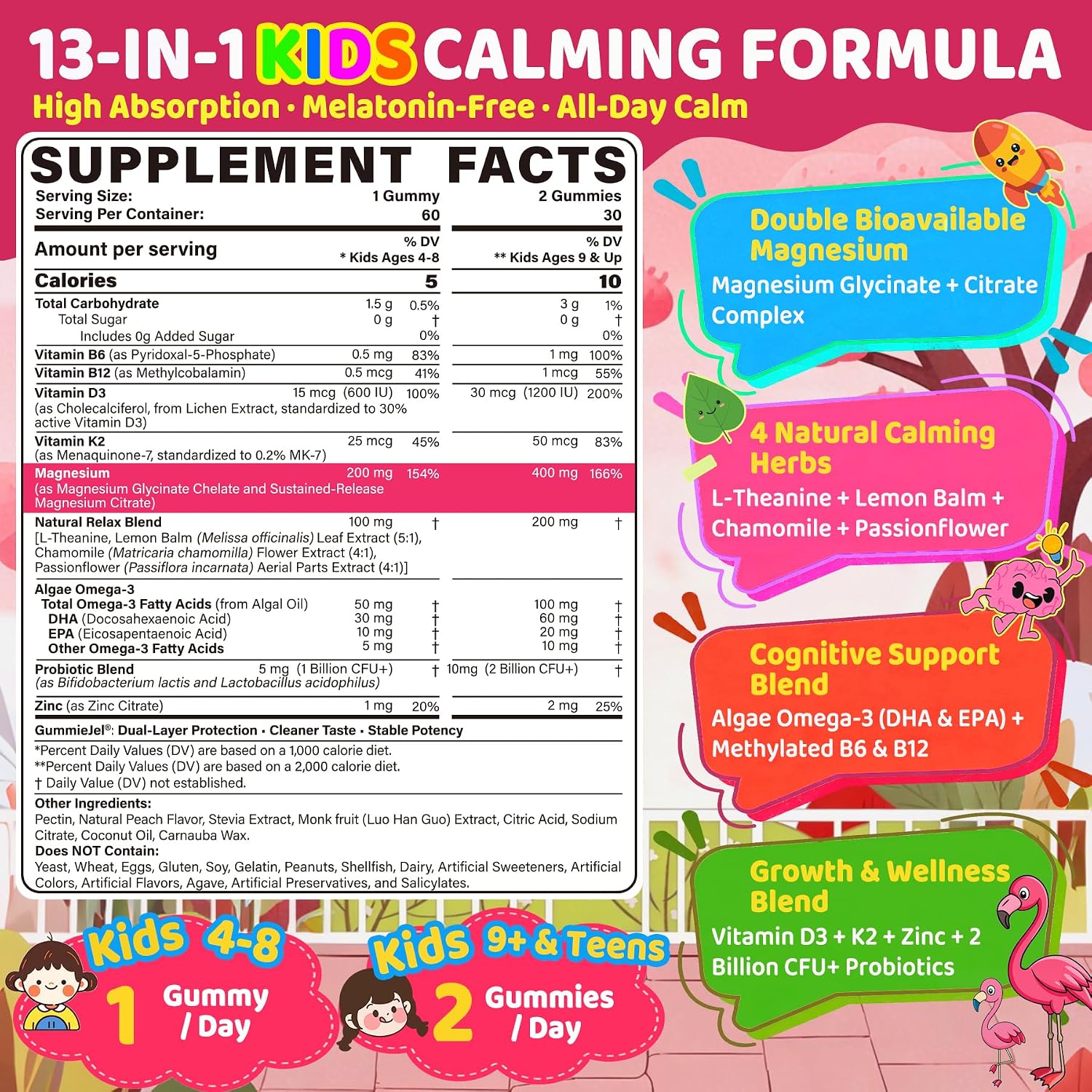 Kids Calm Magnesium Glycinate Gummies, Natural Kids Calming Supplement w/Magnesium Citrate, L-Theanine & Chamomile, Omega-3, D3 B12, Support Calm Mind, Sl-eep, Focus, Muscle Relax, Sugar-Free, 60 Cts