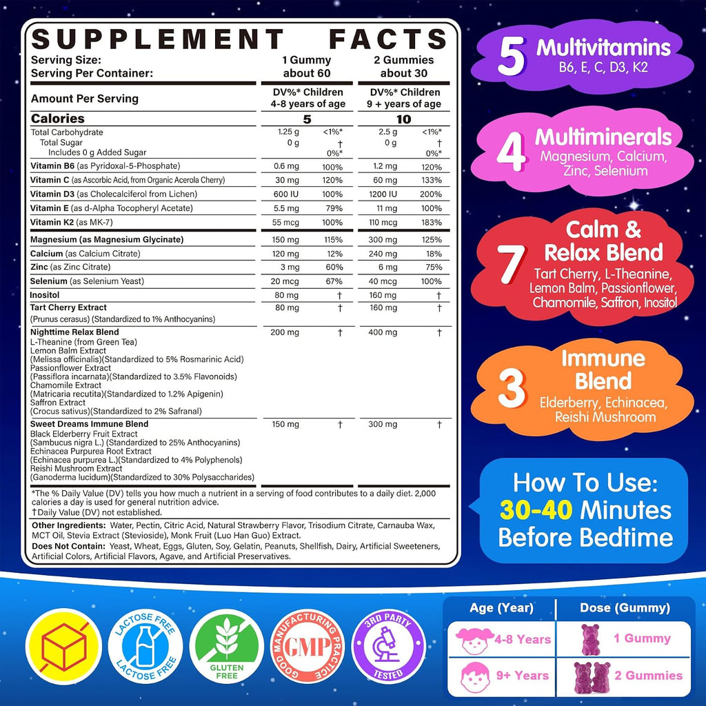 Kids 4+ Melatonin Free Sleep Aid Gummies + Magnesium Glycinate + Saffron + Calcium, D3+K2, Inositol-Kids Sleep Gummies Nighttime Multivitamin Support Calm Mood, Brain, Bone & Immune, Sugar Free, 2Pack