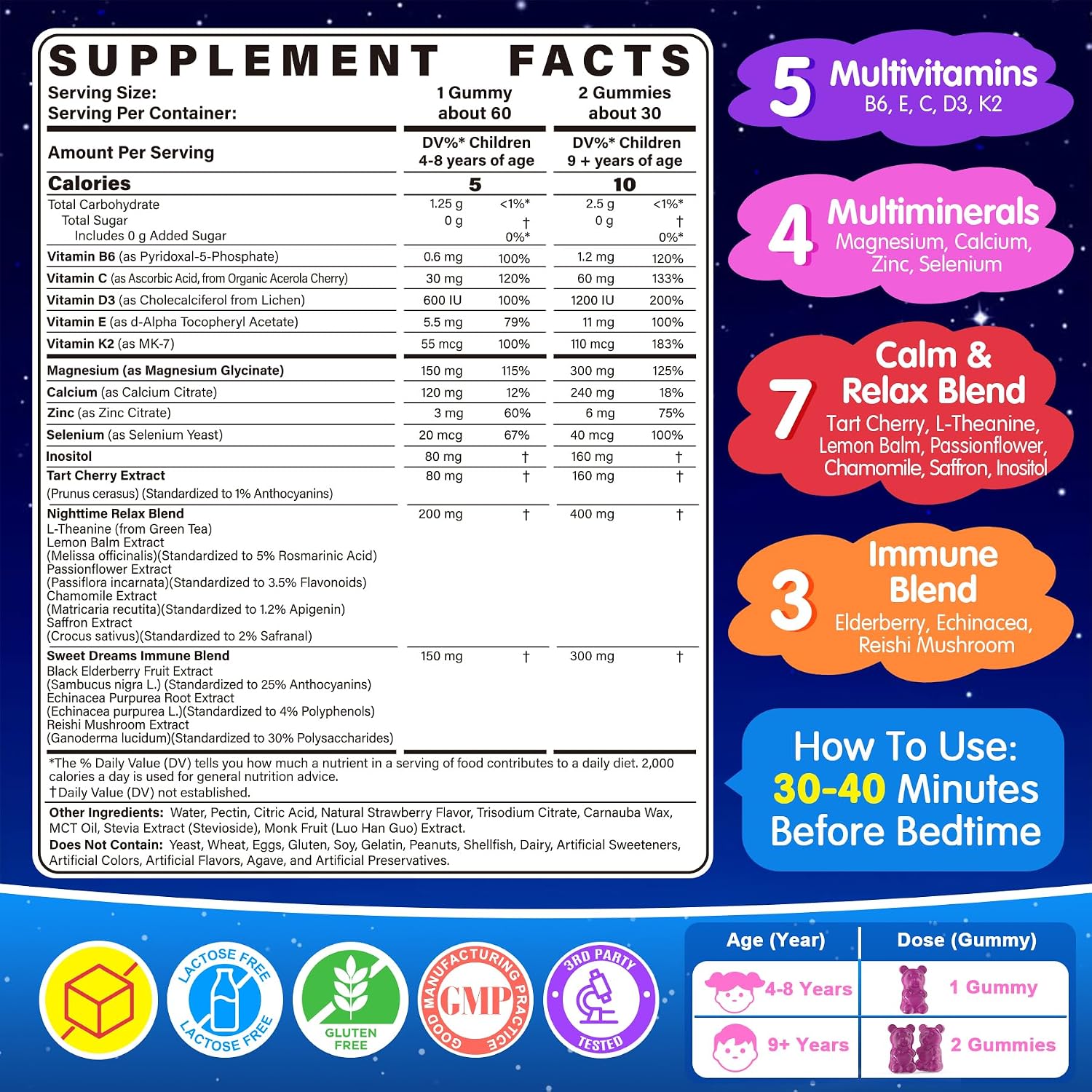 Kids 4+ Melatonin Free Sleep Aid Gummies + Magnesium Glycinate + Saffron + Calcium, D3+K2, Inositol-Kids Sleep Gummies Nighttime Multivitamin Support Calm Mood, Brain, Bone & Immune, Sugar Free, 2Pack