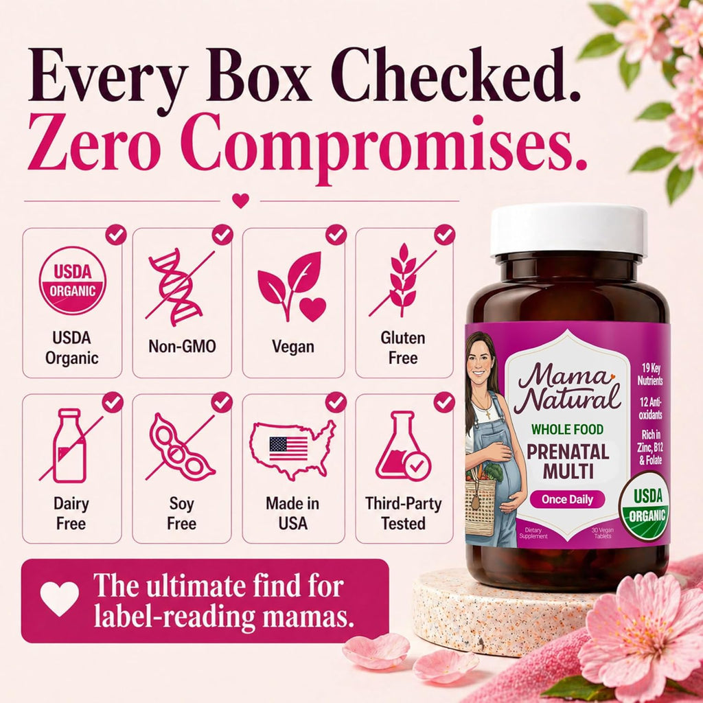 Mama Natural Organic Prenatal Vitamins for Women Vegan (30 Servings) | One A Day Prenatal Vitamins for Pregnant Women | Food Based, Non-GMO & Gluten-Free - Pre Natal Multivitamin with Folate